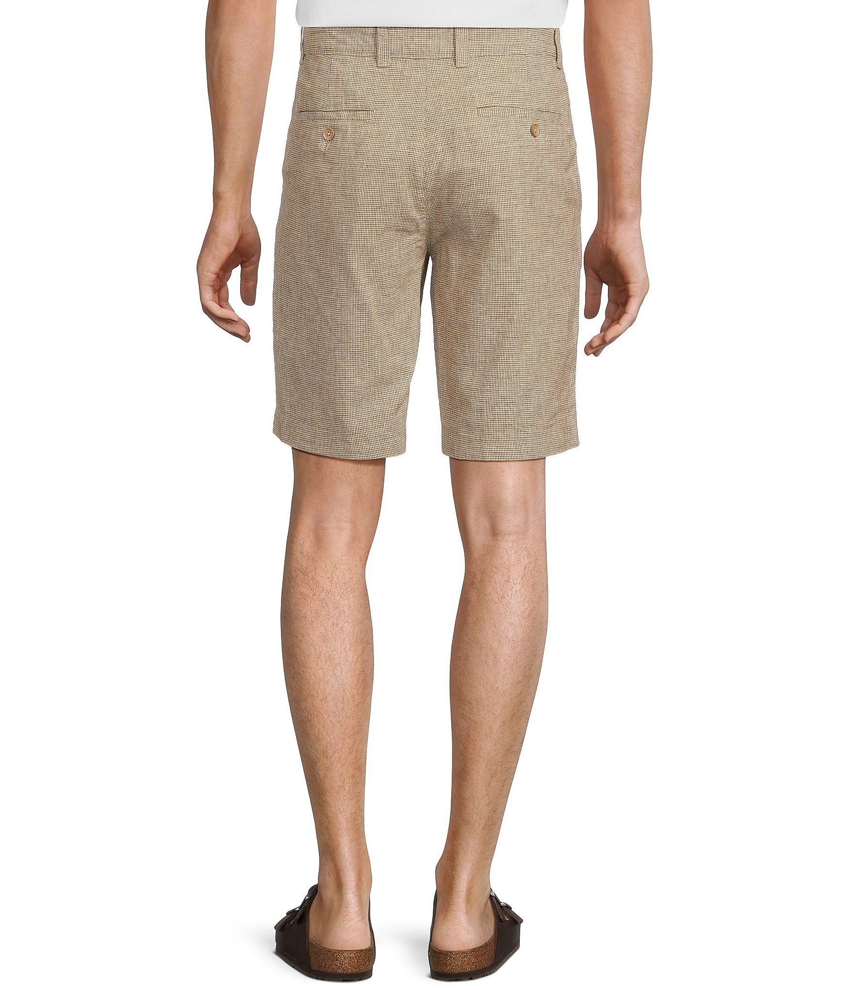 Roundtree & Yorke Casuals Flat Front Classic Fit Linen Houndstooth 9#double; Inseam Shorts