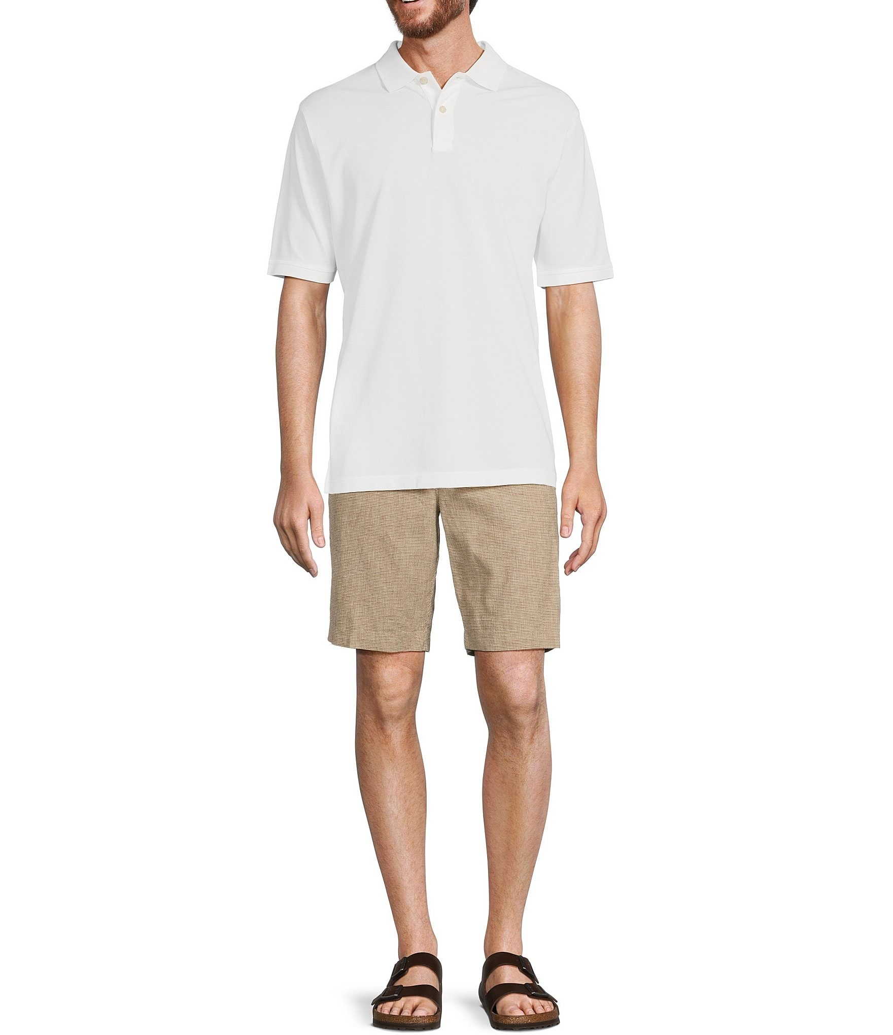 Roundtree & Yorke Casuals Flat Front Classic Fit Linen Houndstooth 9#double; Inseam Shorts