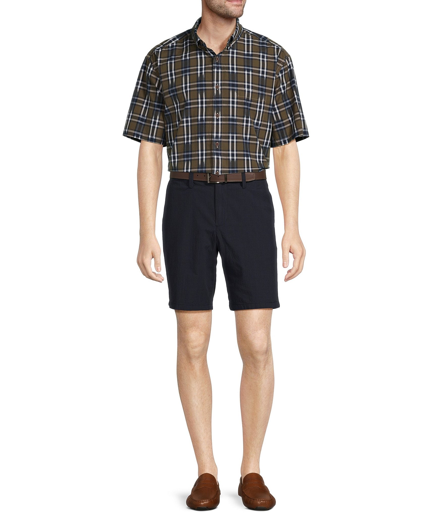 Roundtree & Yorke Casuals Flat Front Straight Fit Seersucker Plaid 9#double; Inseam Shorts