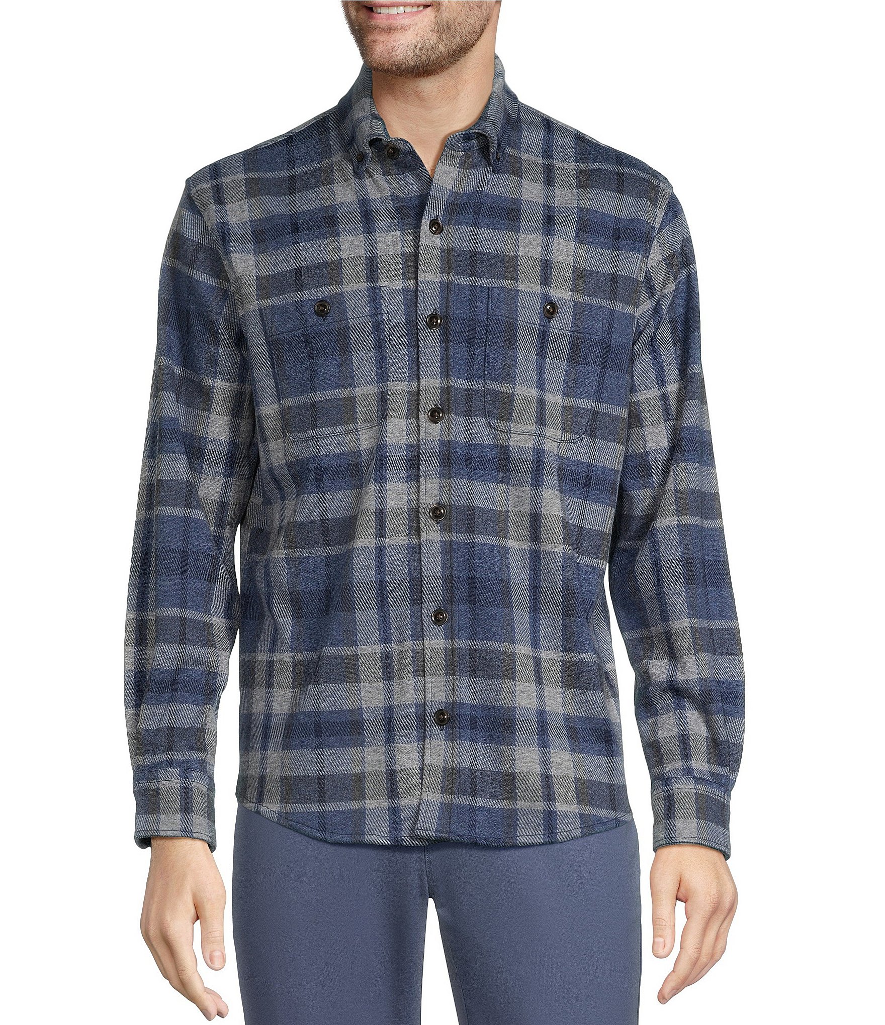 Roundtree & Yorke Long Sleeve Button Down Collar Large Plaid Knit Button-Front Shirt