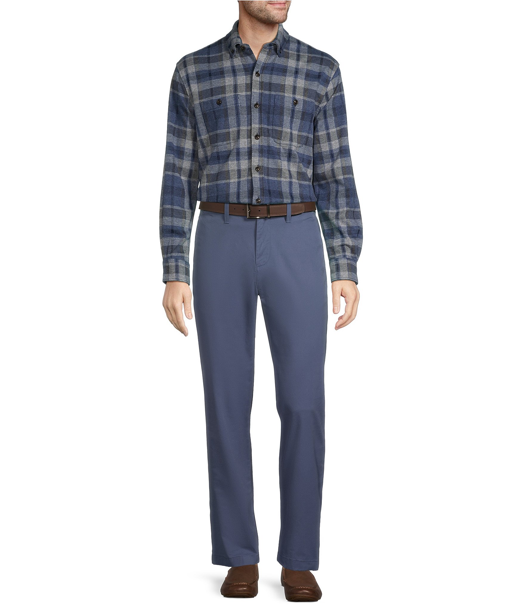 Roundtree & Yorke Long Sleeve Button Down Collar Large Plaid Knit Button-Front Shirt