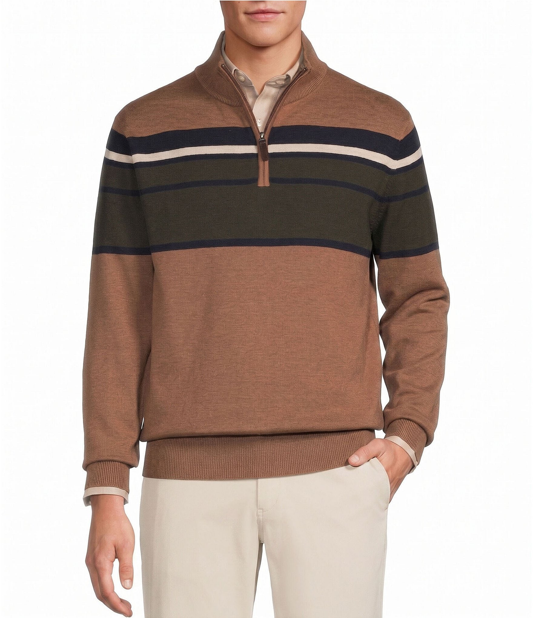Roundtree & Yorke Long Sleeve Chest Stripe Quarter Zip Sweater