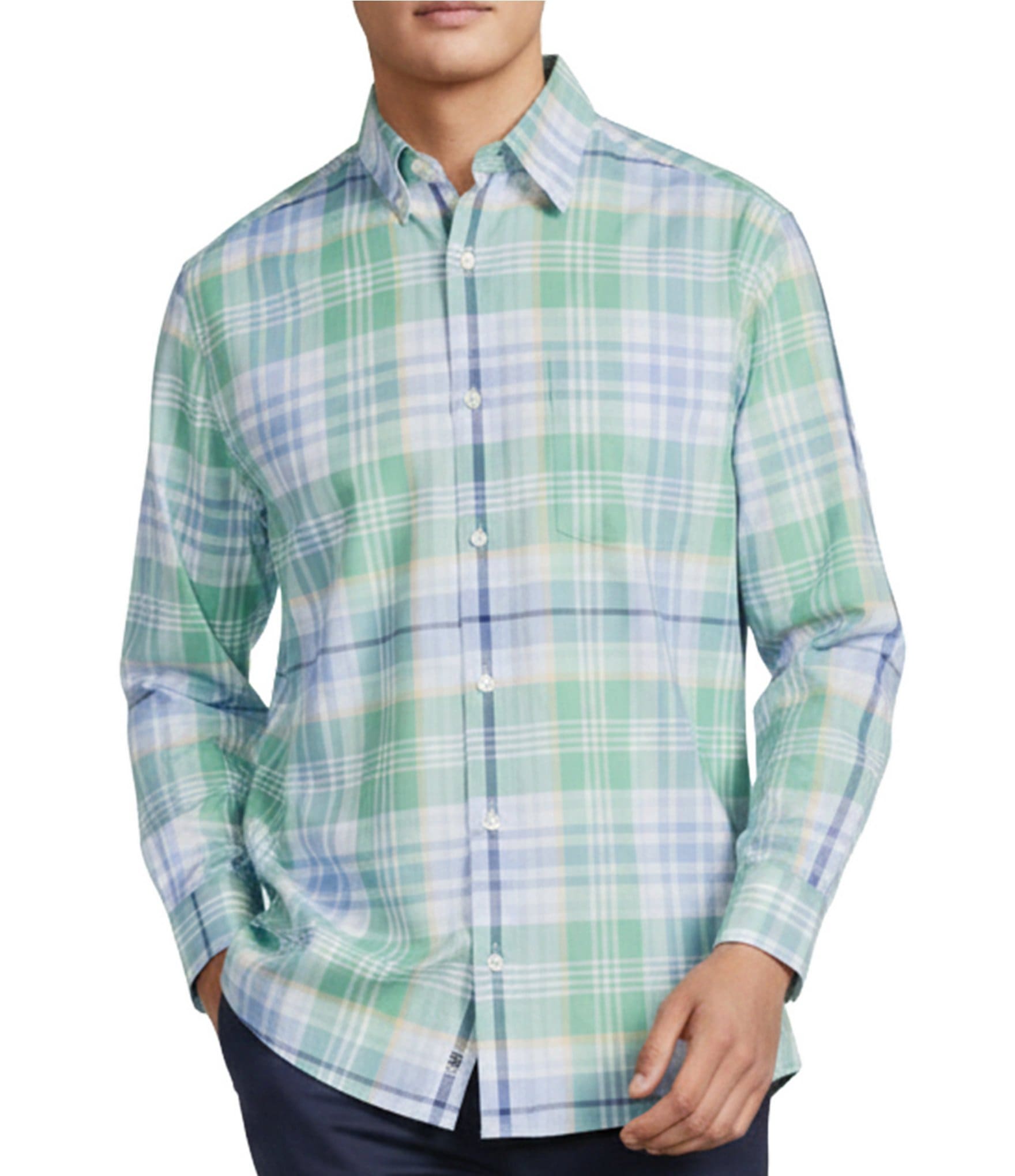 Roundtree & Yorke Large Plaid Pattern Twill Sport Shirt