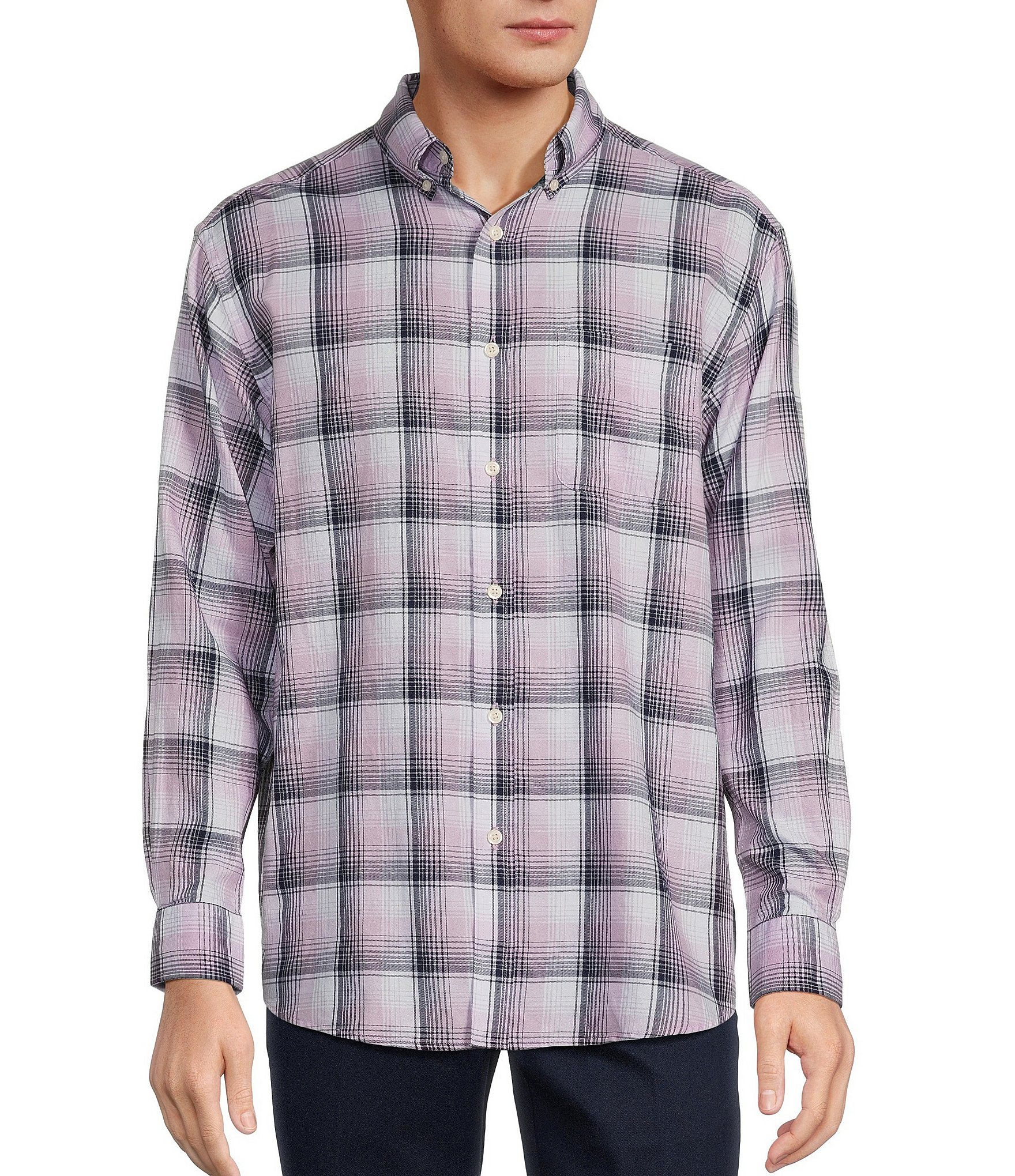 Roundtree & Yorke Long Sleeve Large Plaid Washed Twill Sport Shirt