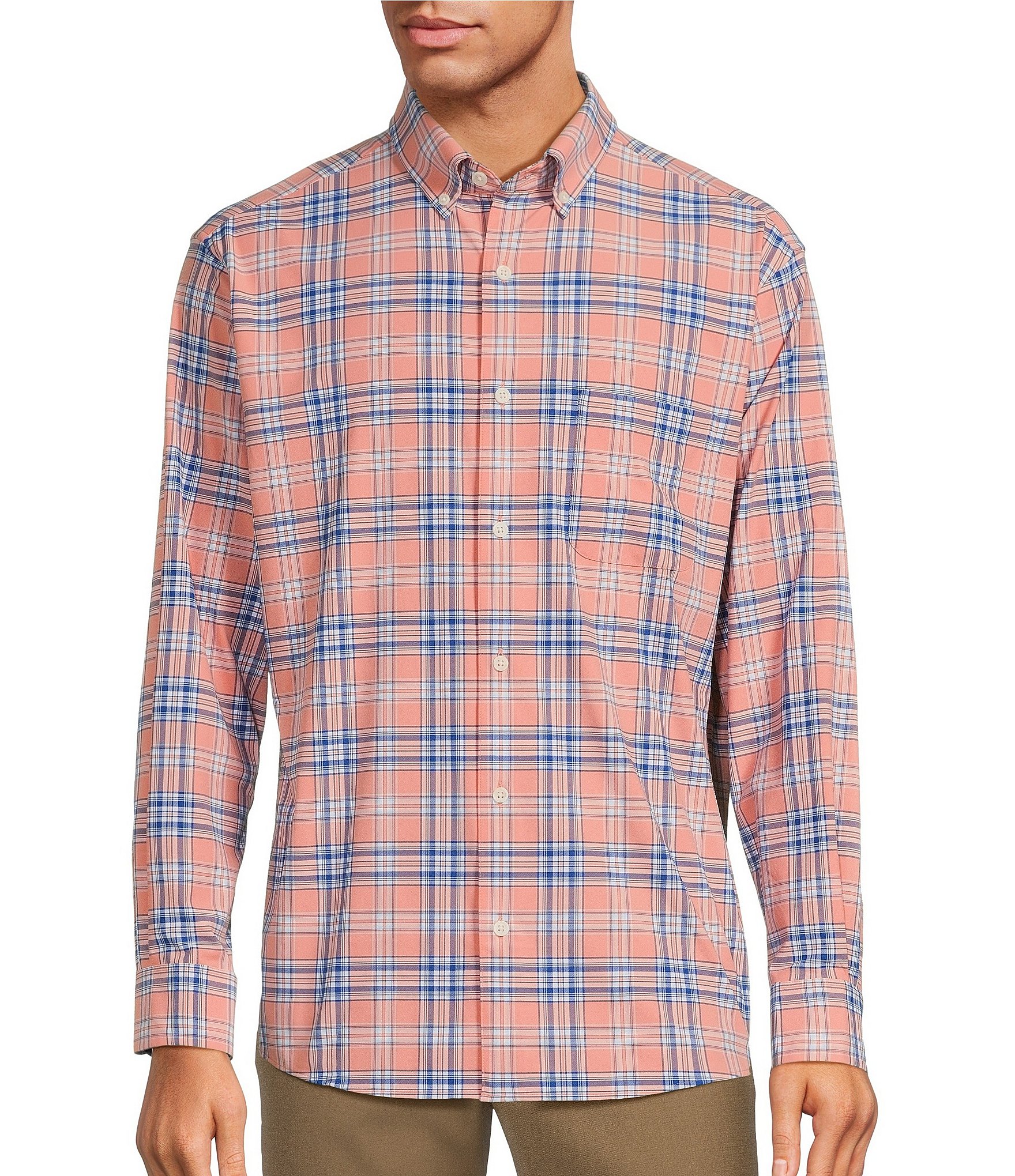 Roundtree & Yorke Brown Blue Copper Long Sleeve Button Plaid Shirt Men's XL