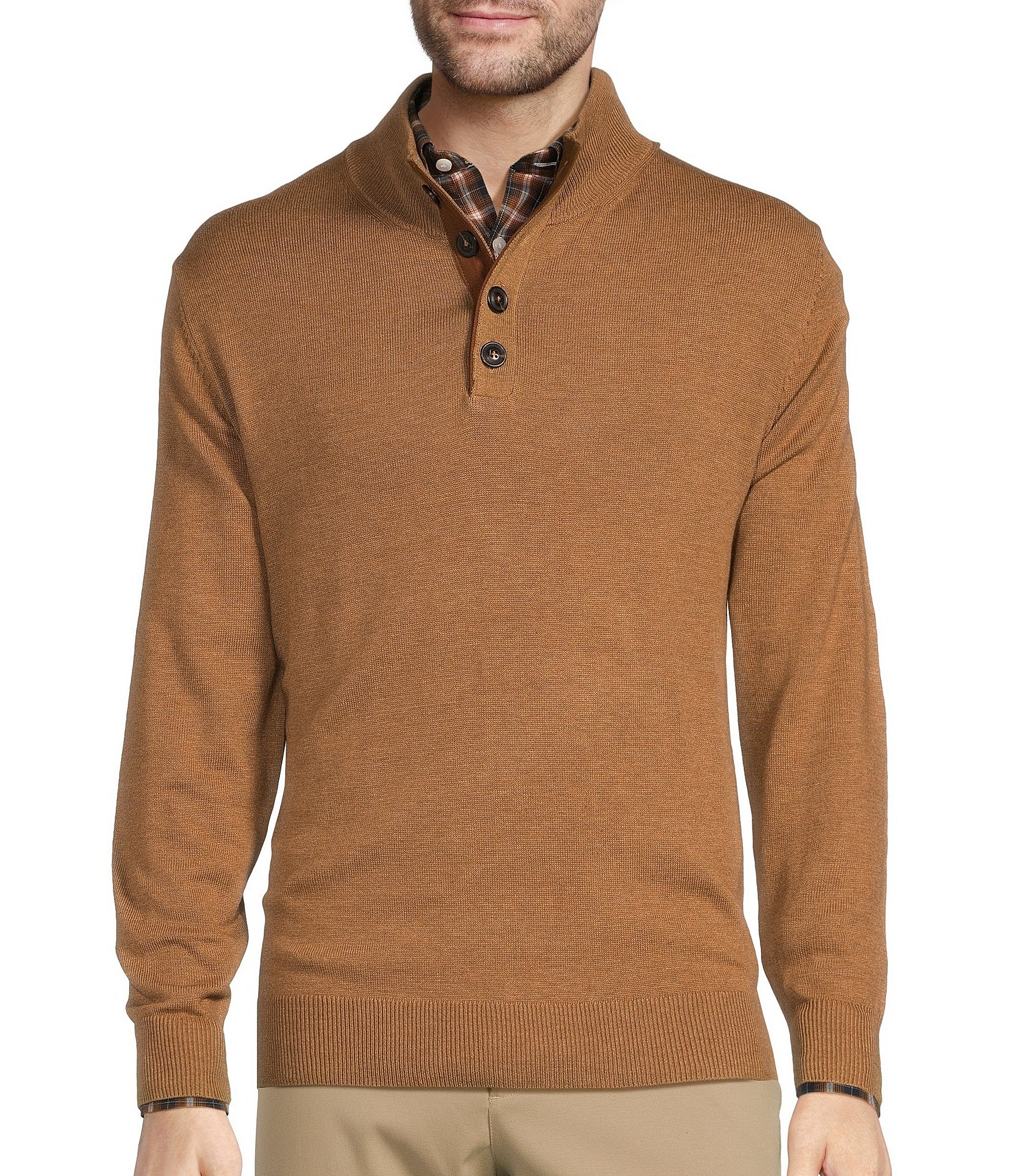 Roundtree & Yorke Long Sleeve Solid Button Mock Sweater | Dillard's