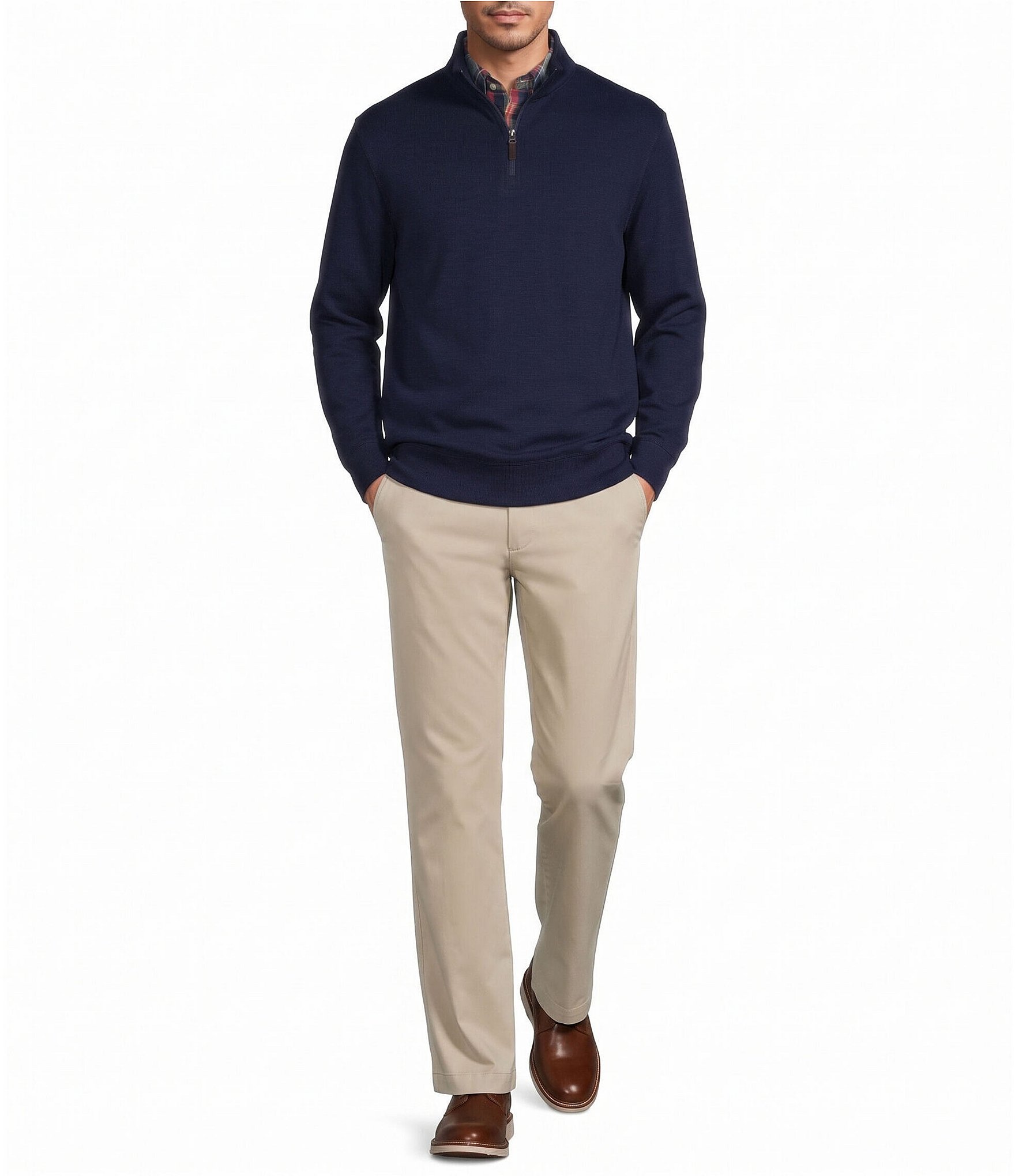 Roundtree & Yorke Long Sleeve Solid Slub Ribbed Quarter Zip Pullover