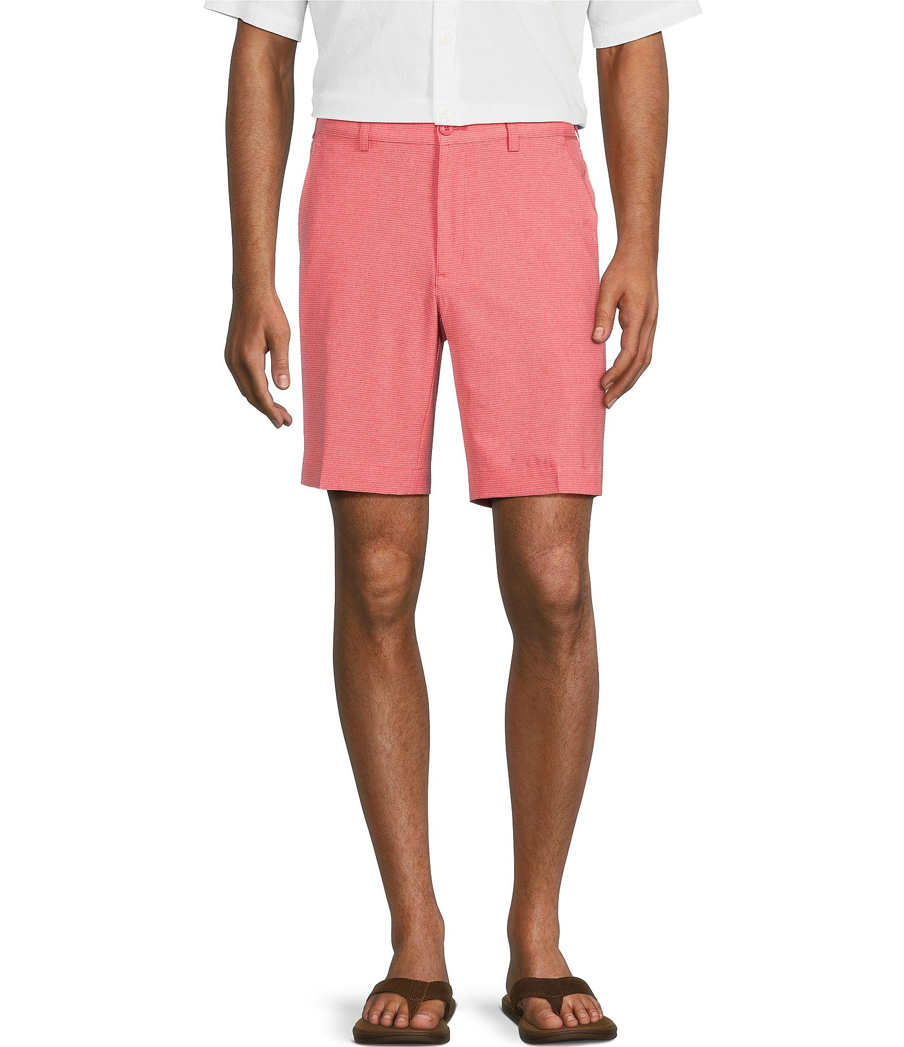 Roundtree & Yorke Comfort Stretch Performance Flat Front Back Elastic  Striped 9 Inseam Chino Shorts