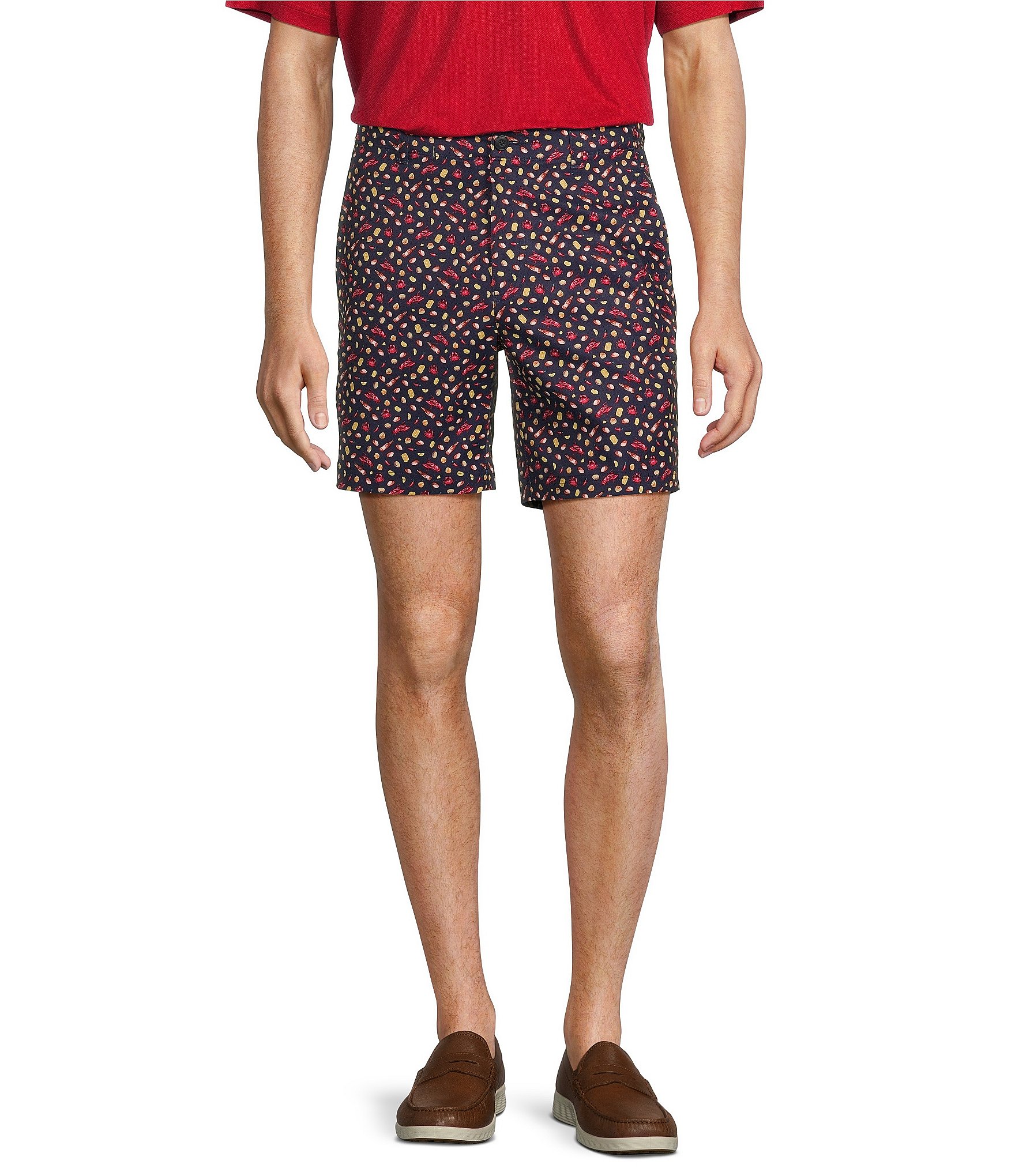 Roundtree & Yorke Performance Flat Front Straight Fit Crawfish Print 7#double; Inseam Shorts