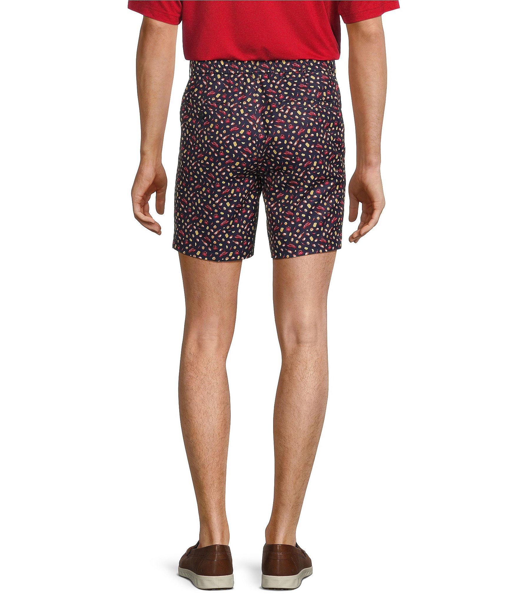 Roundtree & Yorke Performance Flat Front Straight Fit Crawfish Print 7#double; Inseam Shorts