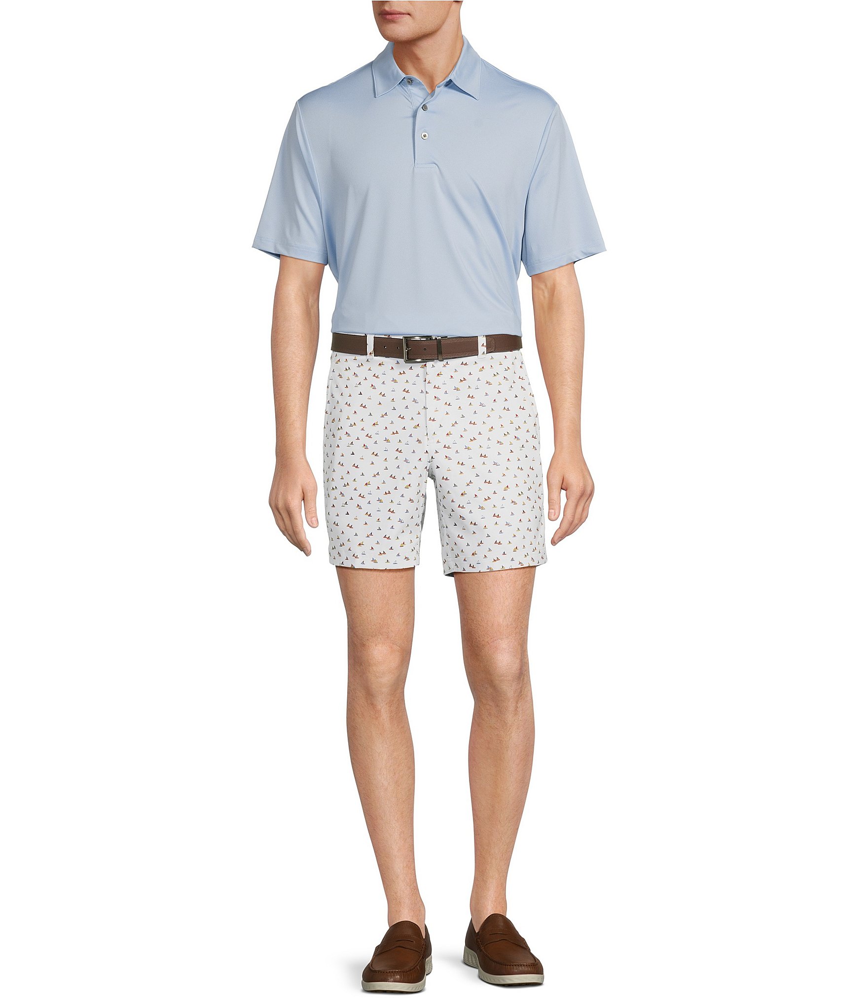 Roundtree & Yorke Performance Flat Front Straight Fit Sailboat Print 7#double; Inseam Shorts