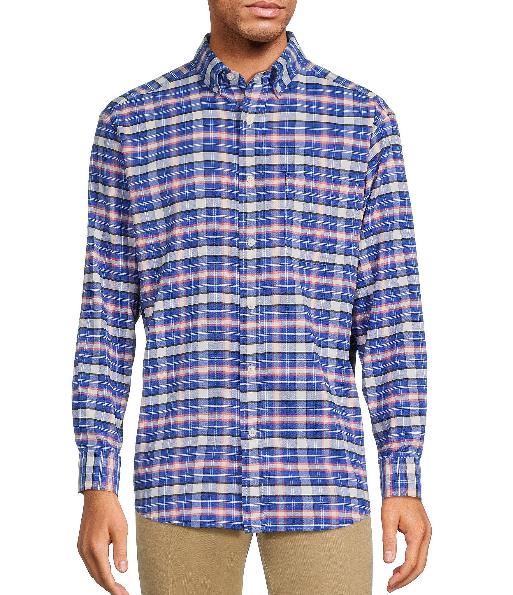 Roundtree & Yorke Performance Long Sleeve Chambray Windowpane Patterned ...