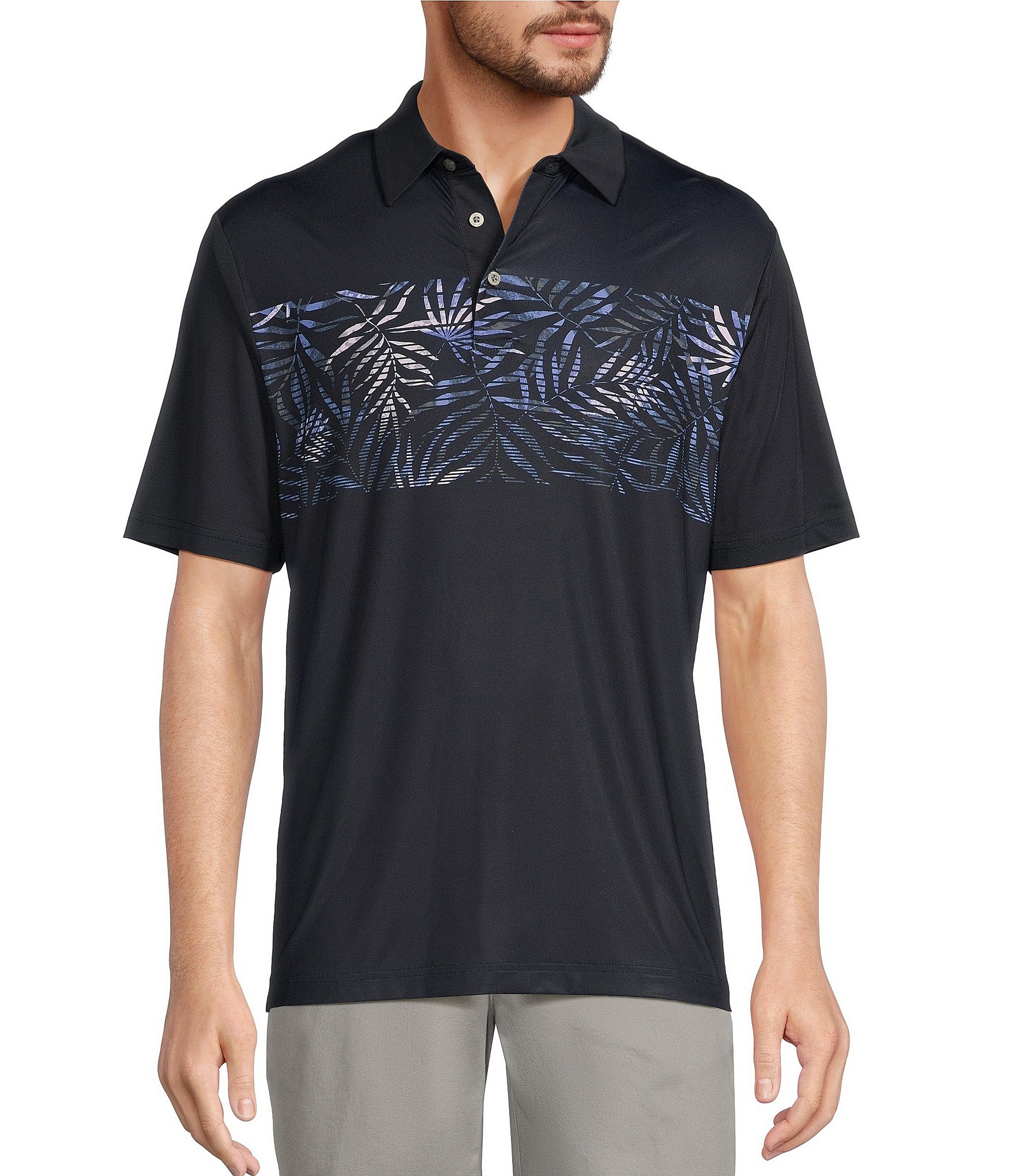 Roundtree & Yorke Performance Short Sleeve Chest Stripe Leaf Graphic Polo Shirt