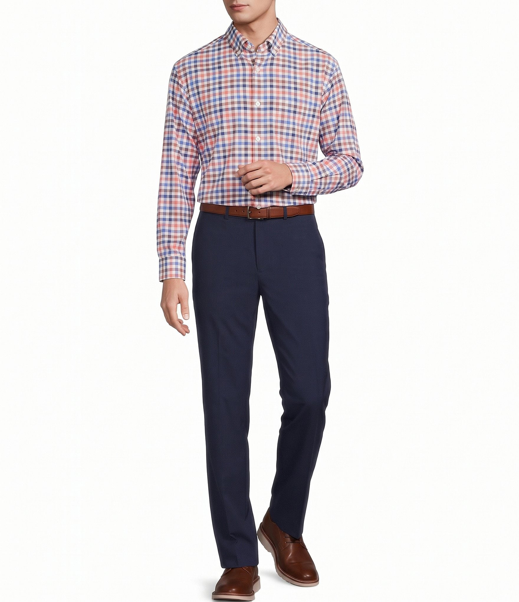 Roundtree & Yorke Performance Twill Medium Check Long Sleeve Sport Shirt