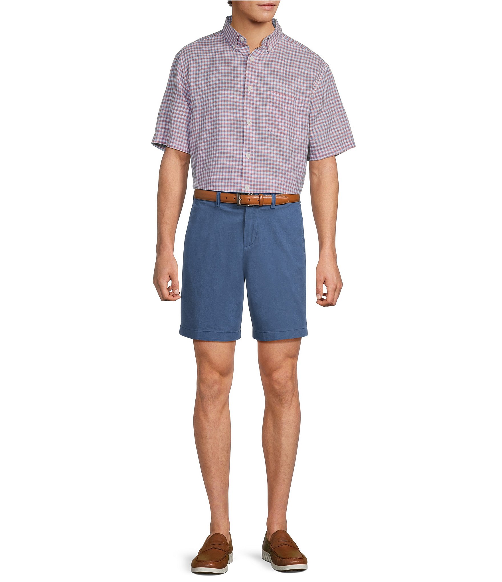 Roundtree & Yorke Short Sleeve Check Pattern Linen Blend Button Front Sport Shirt