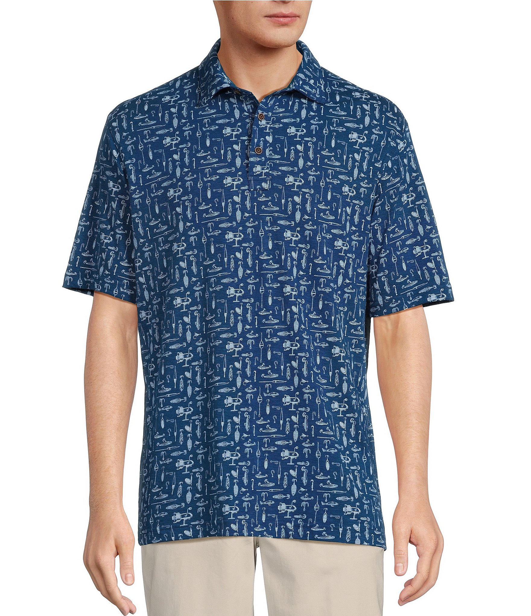 Roundtree & Yorke Short Sleeve Conversational Bait Hook Print Slub Polo Shirt