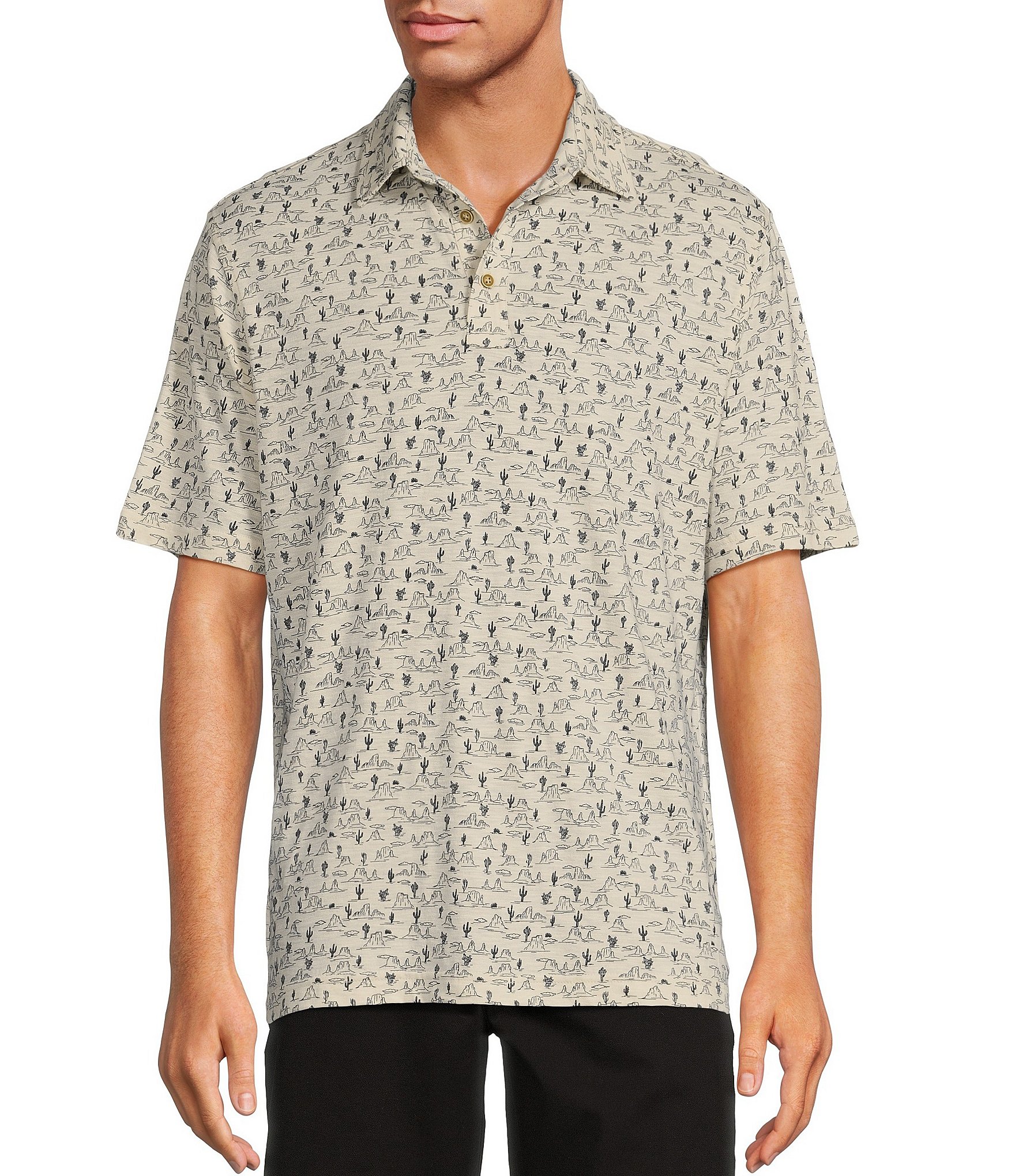 Roundtree & Yorke Short Sleeve Conversational Desert Cactus Print Slub Polo Shirt