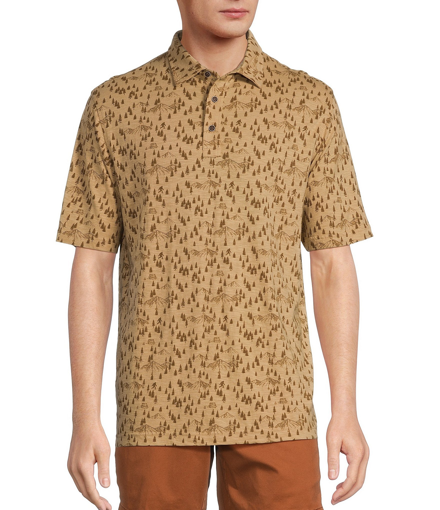 Roundtree & Yorke Short Sleeve Conversational Bigfoot Wilderness Print Slub Polo Shirt