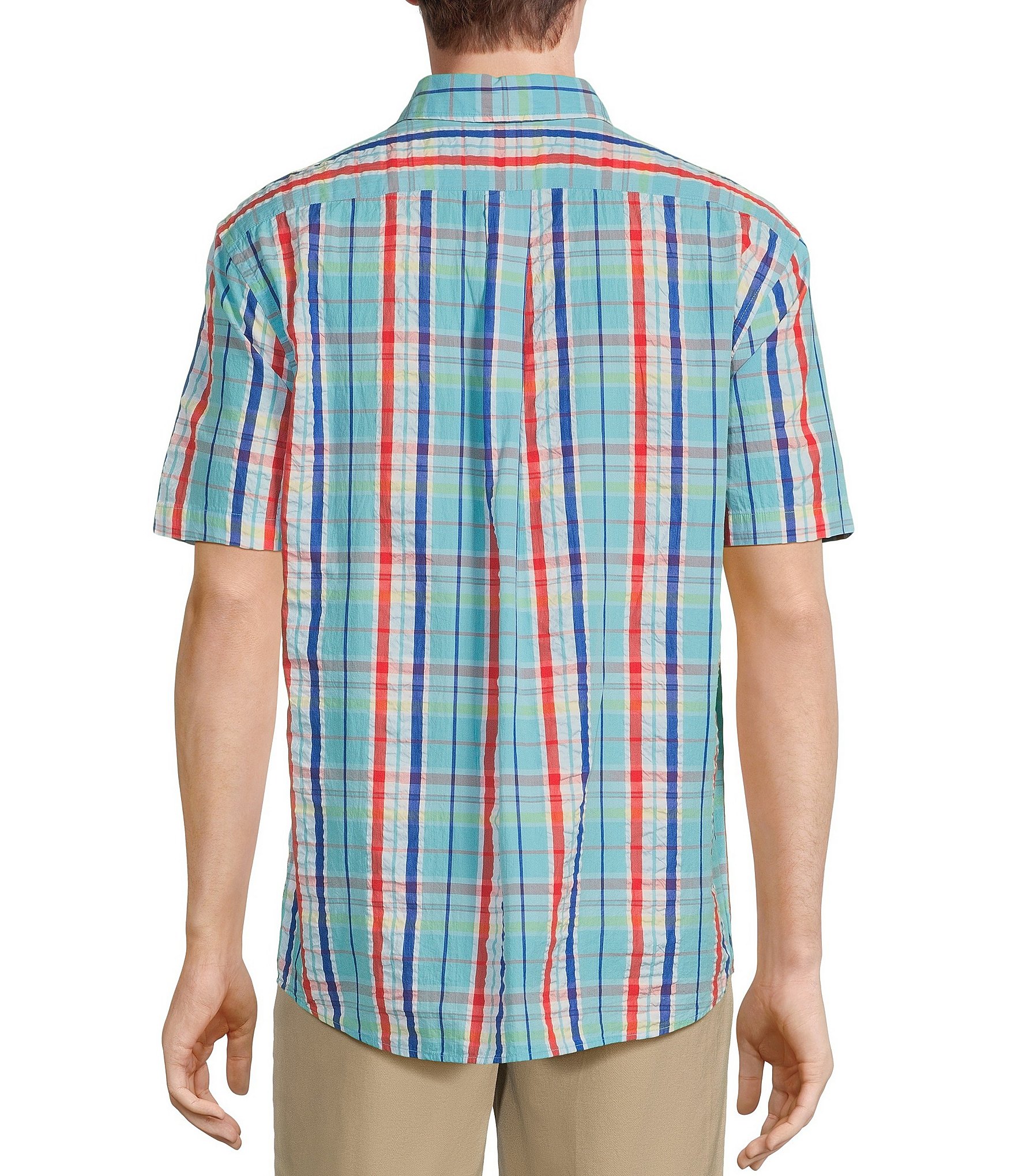 Roundtree & Yorke Short Sleeve Plaid Seersucker Sport Shirt