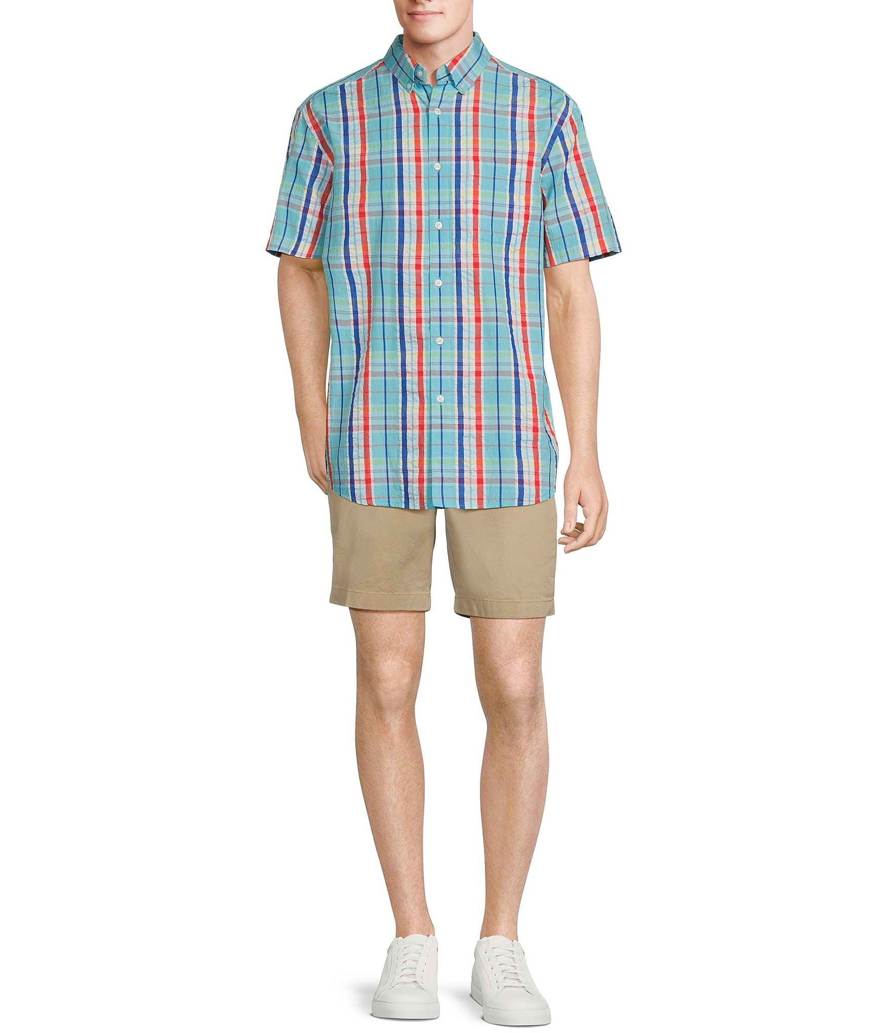 Roundtree & Yorke Short Sleeve Plaid Seersucker Sport Shirt