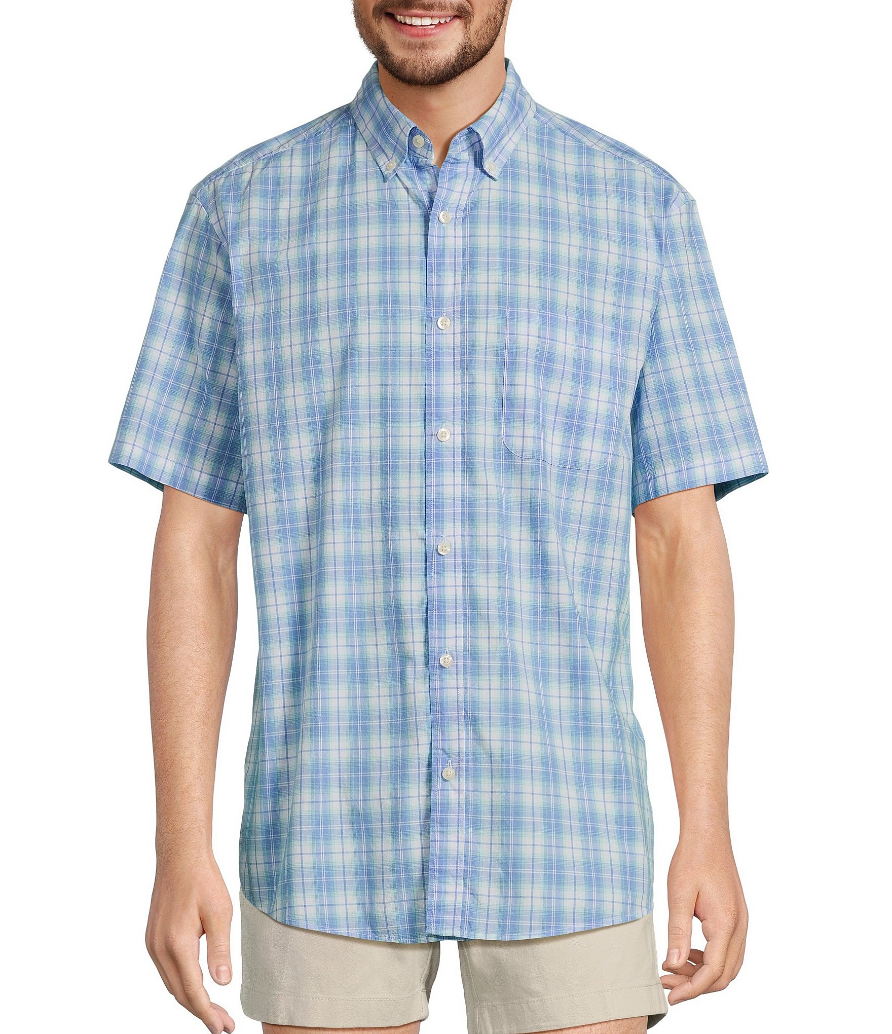 Roundtree & Yorke Short Sleeve Medium Plaid Poplin Sport Shirt
