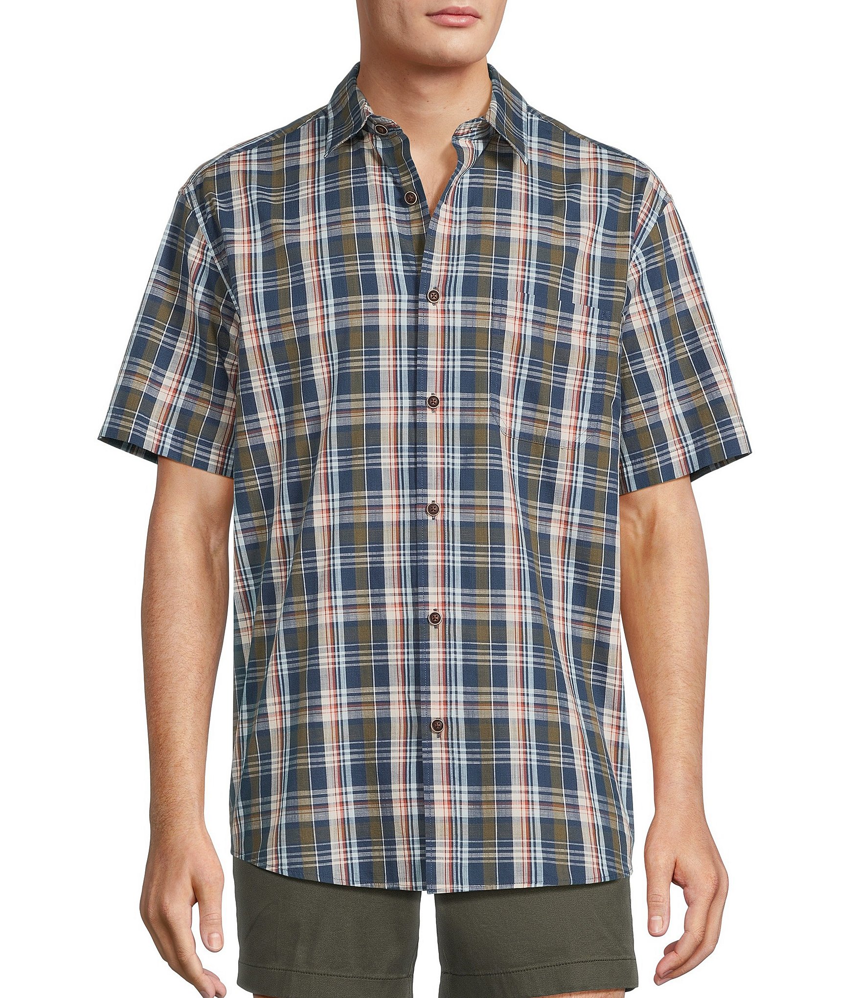 Roundtree & Yorke Short Sleeve Slub Large Plaid Sport Shirt