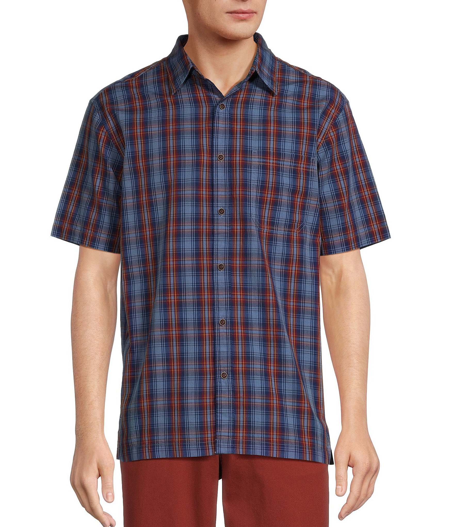 Roundtree & Yorke Short Sleeve Slub Plaid Sport Shirt