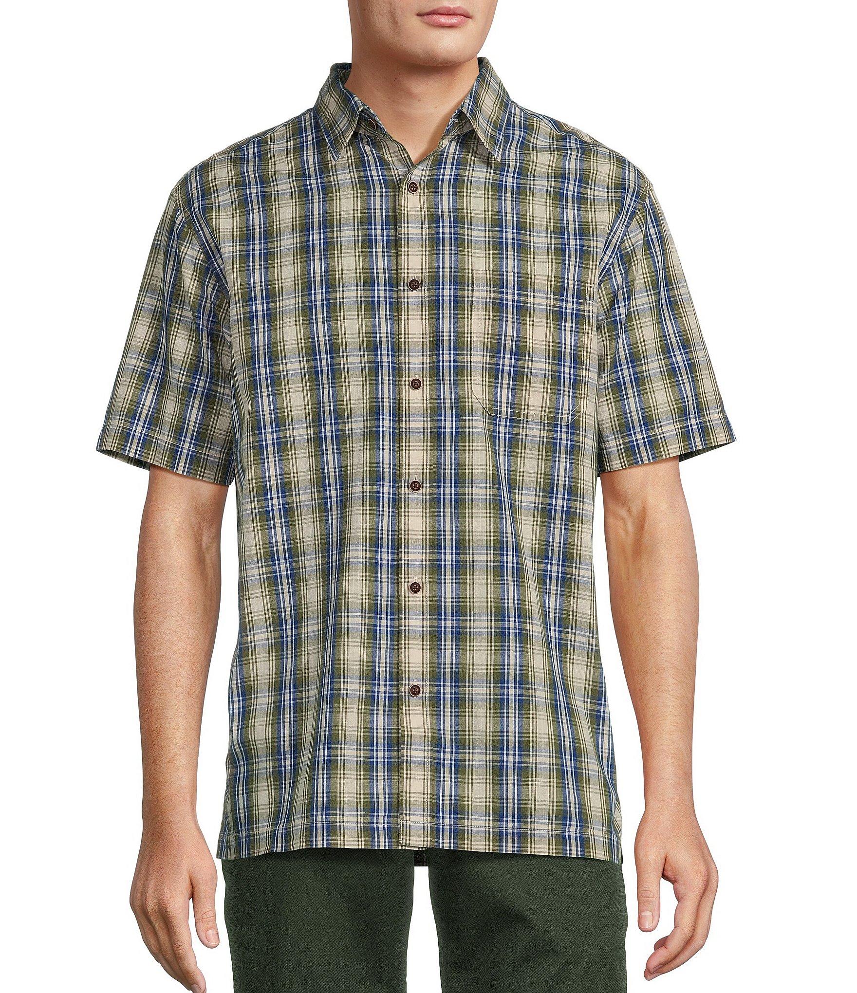 Roundtree & Yorke Short Sleeve Slub Plaid Sport Shirt