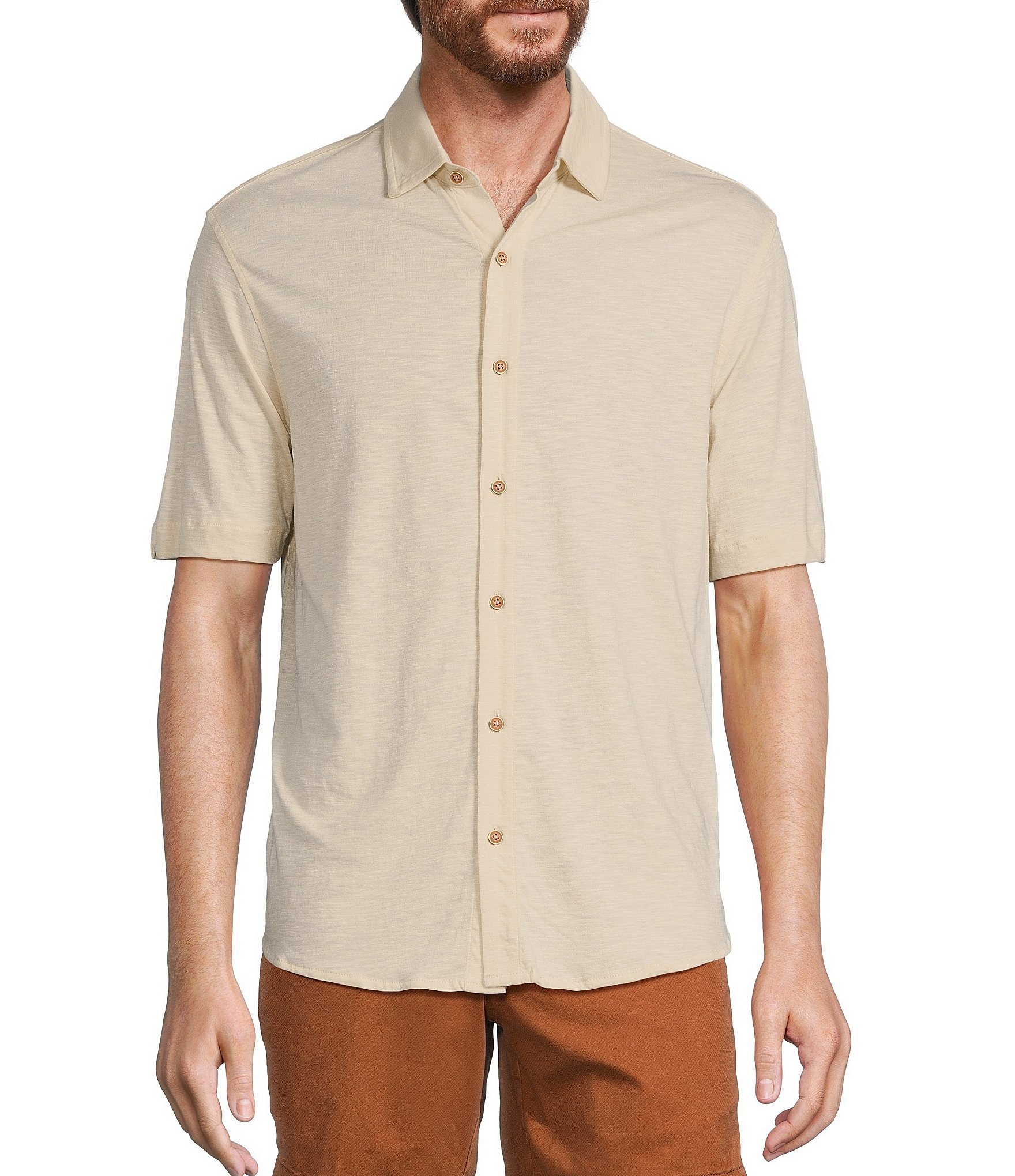 Roundtree & Yorke Short Sleeve Slub Solid Coatfront Shirt