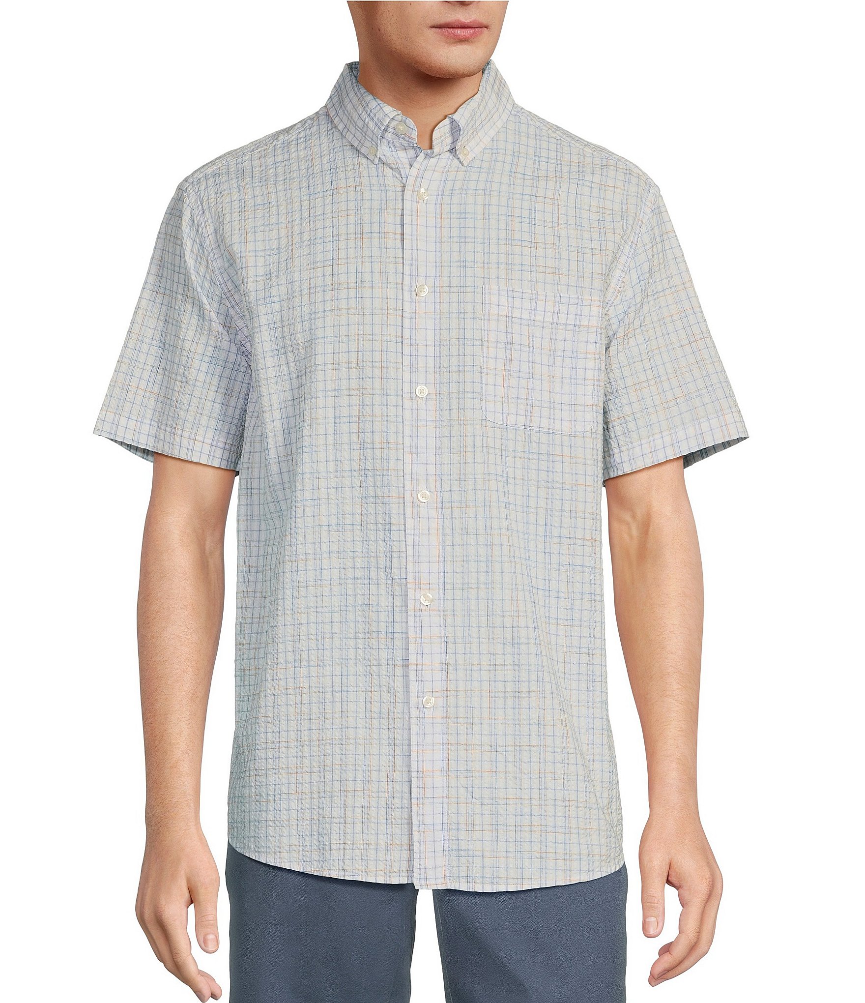 Roundtree & Yorke Short Sleeve Space Dye Plaid Seersucker Sport Shirt ...