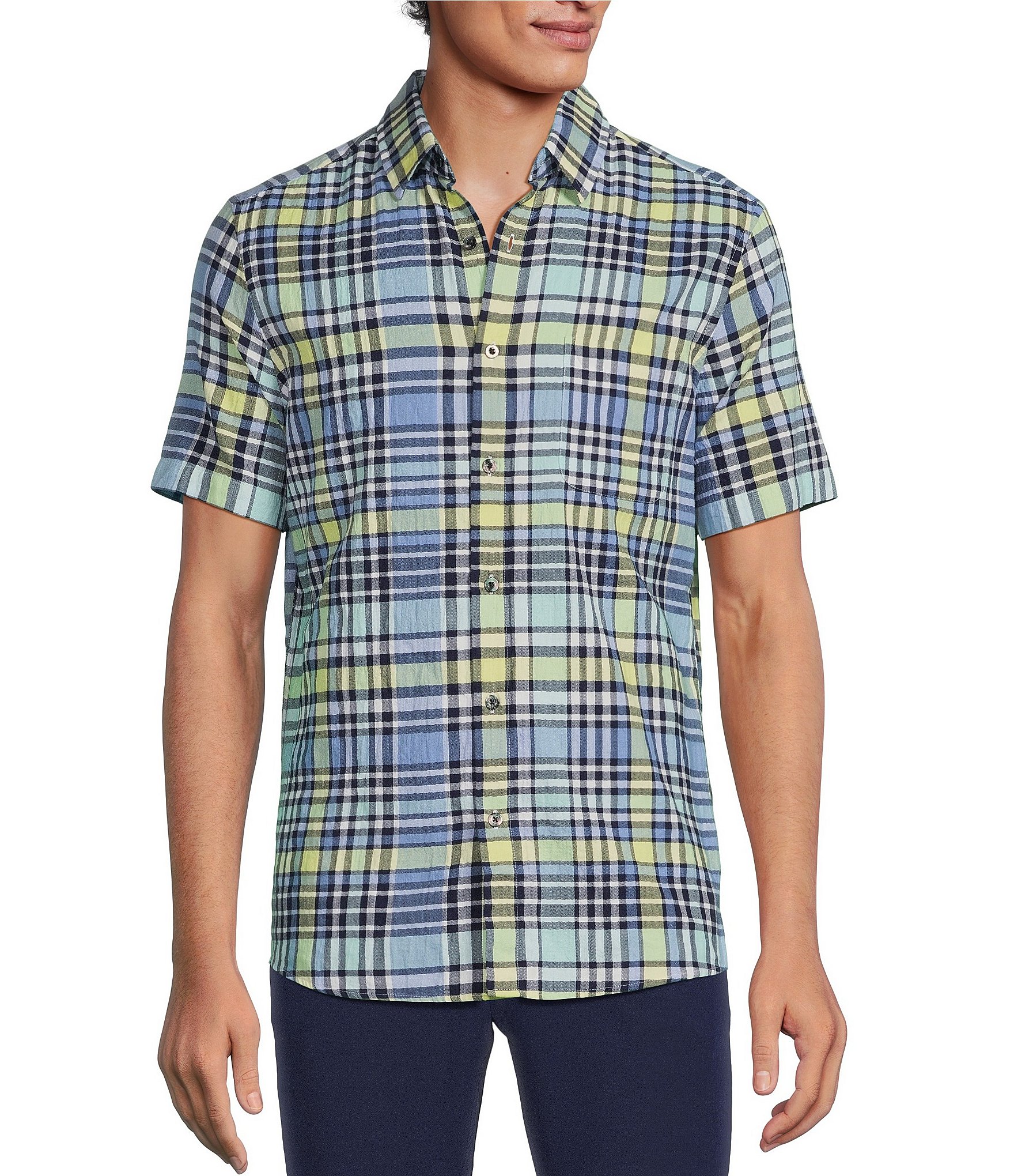 Rowm Blue Sirena Short Sleeve Seersucker Multi Plaid Print Button Up Shirt