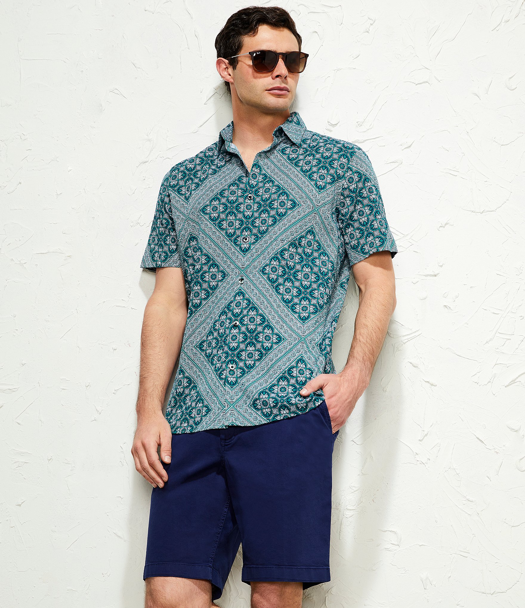 Rowm Blue Sirena Short Sleeve Seersucker Wave Tile Print Shirt