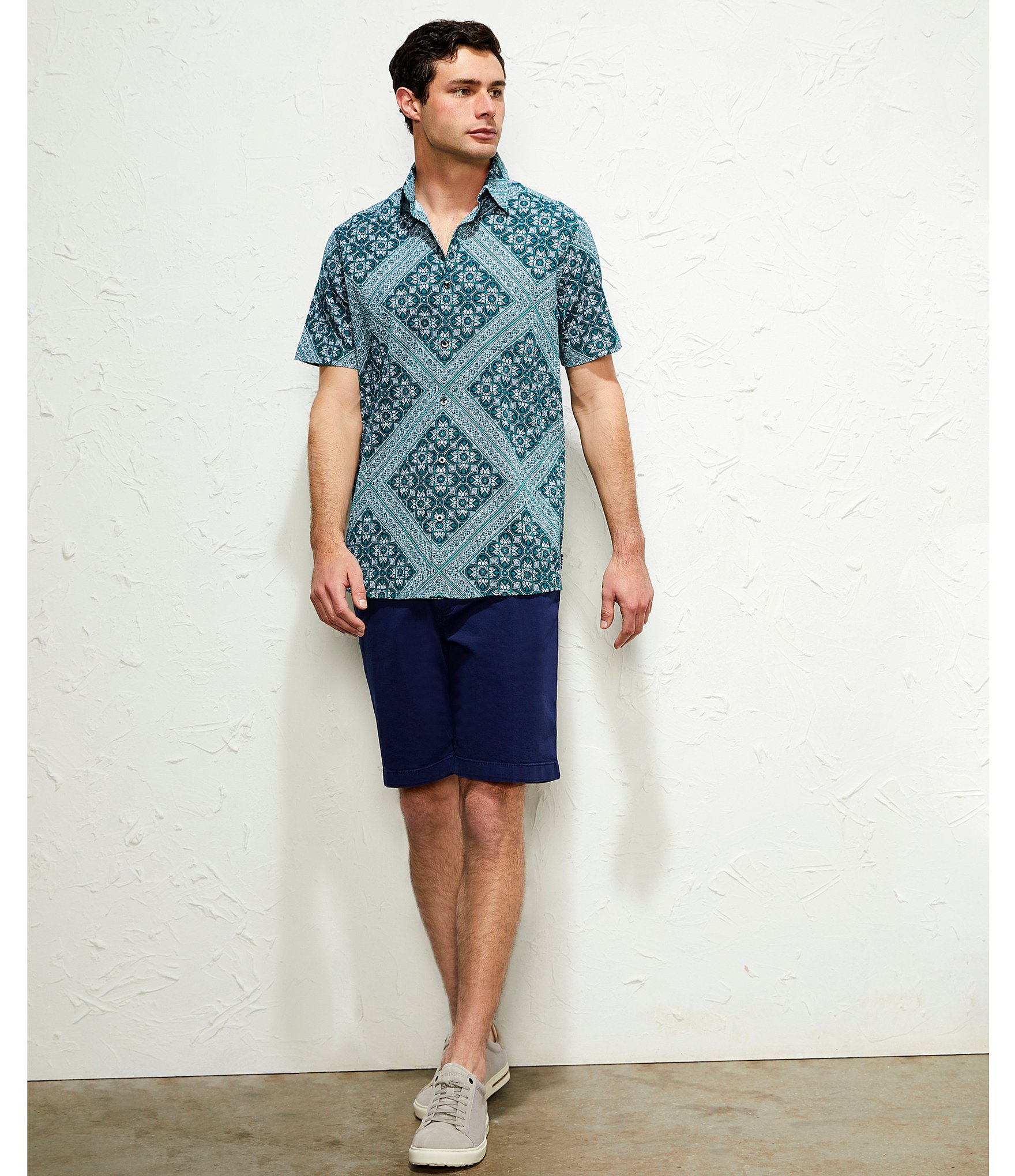 Rowm Blue Sirena Short Sleeve Seersucker Wave Tile Print Shirt