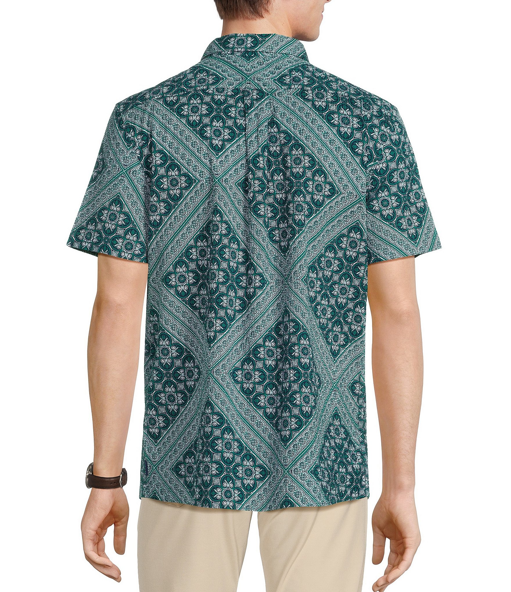 Rowm Blue Sirena Short Sleeve Seersucker Wave Tile Print Shirt