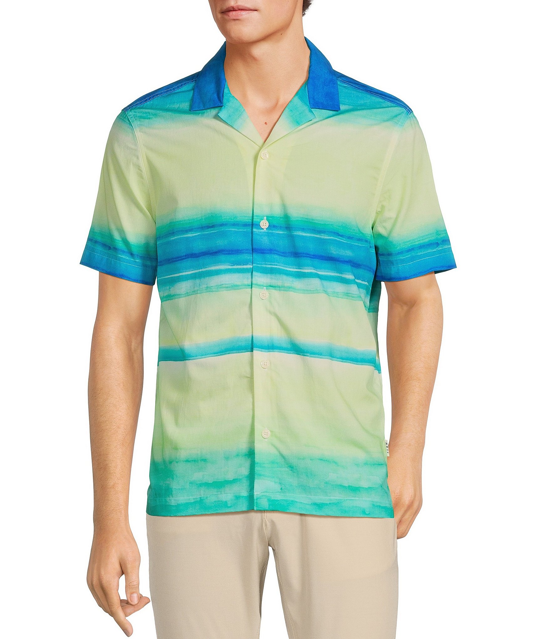 Rowm Blue Sirena Short Sleeve Watercolor Print Button Up Shirt