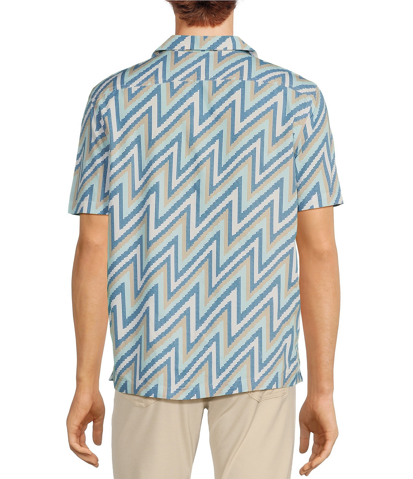 Rowm Blue Sirena Short Sleeve Zig Zag Print Button Up Shirt