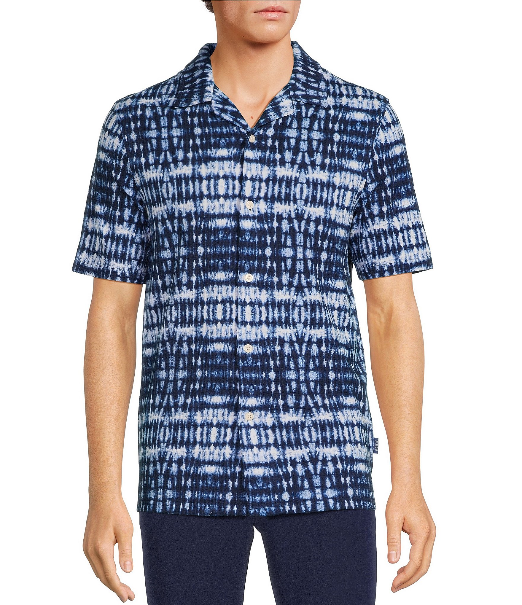 Rowm Blue Sirena The Weekender Short Sleeve Jacquard Shibori Textured Print Shirt