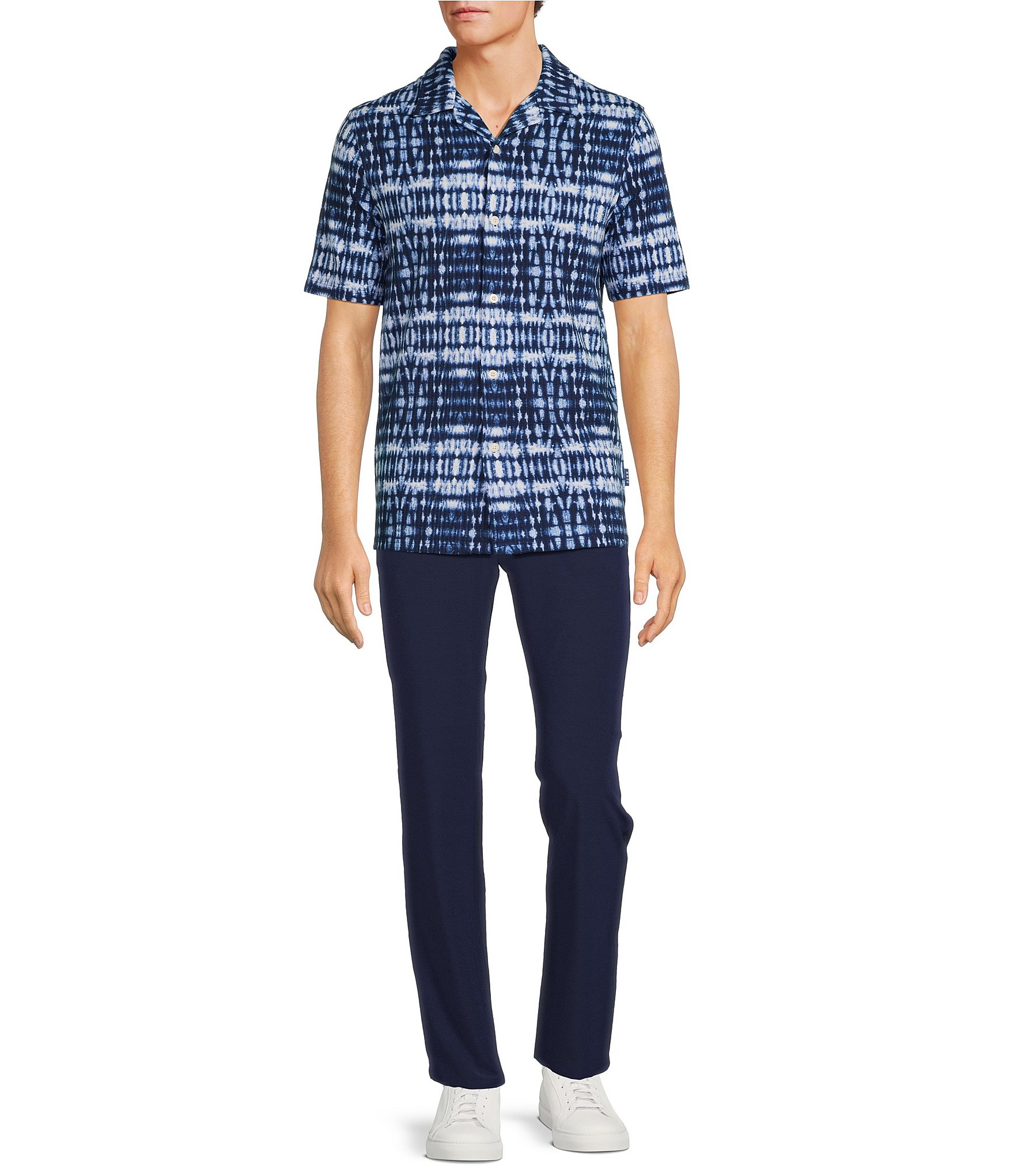 Rowm Blue Sirena The Weekender Short Sleeve Jacquard Shibori Textured Print Shirt