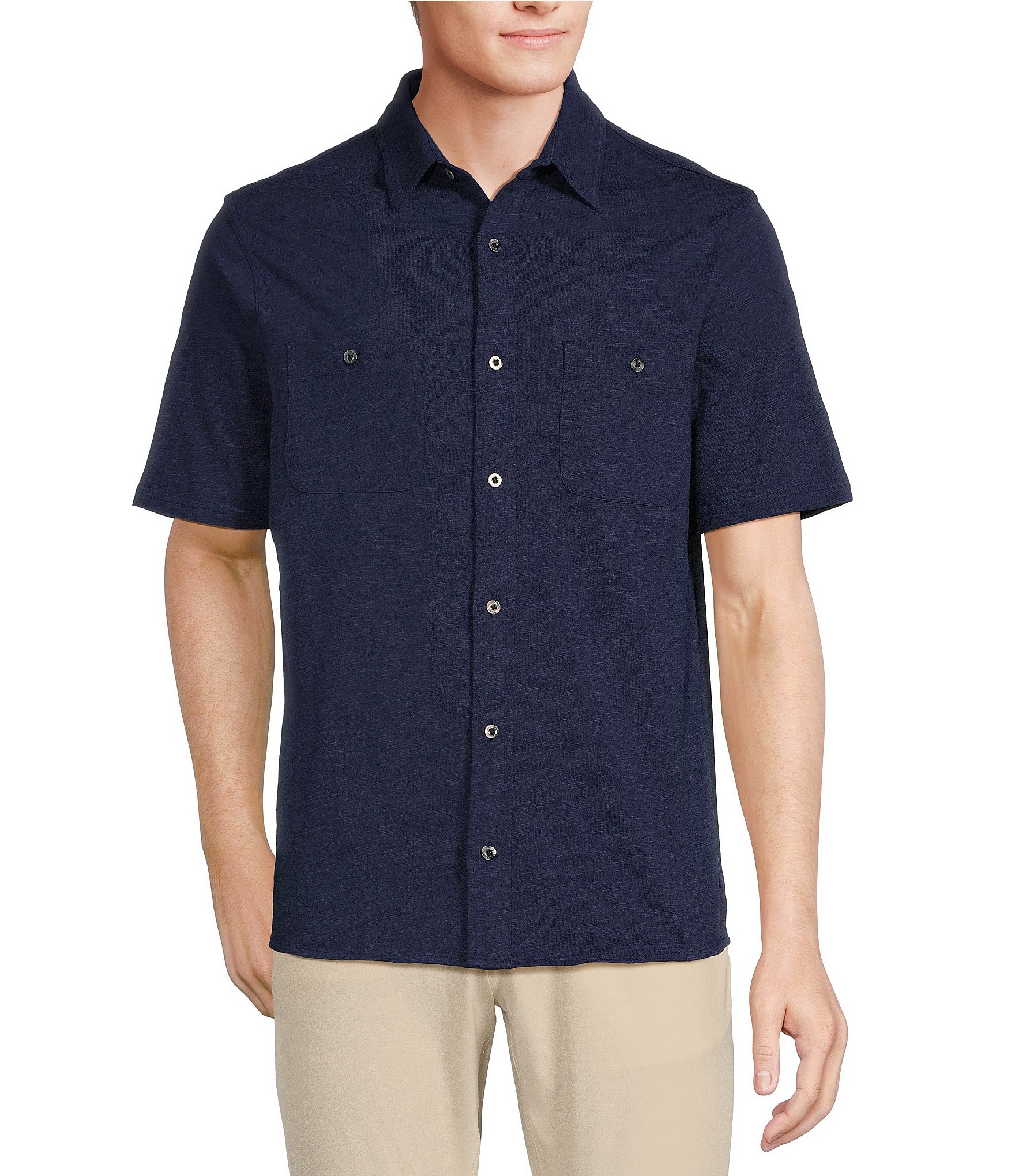 Rowm Blue Sirena The Weekender Short Sleeve Slub Solid Coatfront Shirt