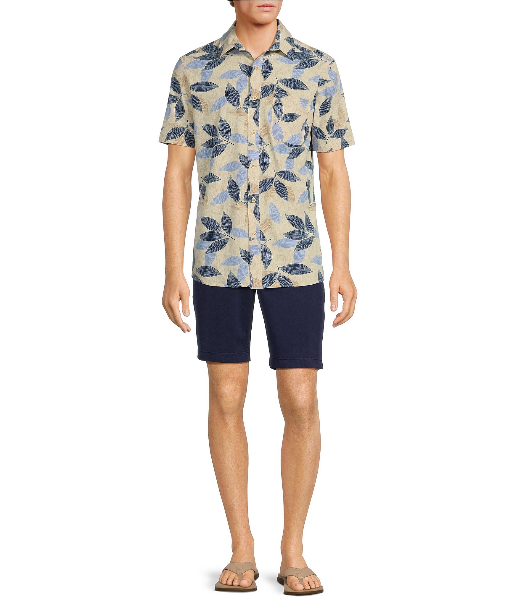 Rowm Crafted Rec & Relax Short Sleeve Textured Leaf Print Shirt