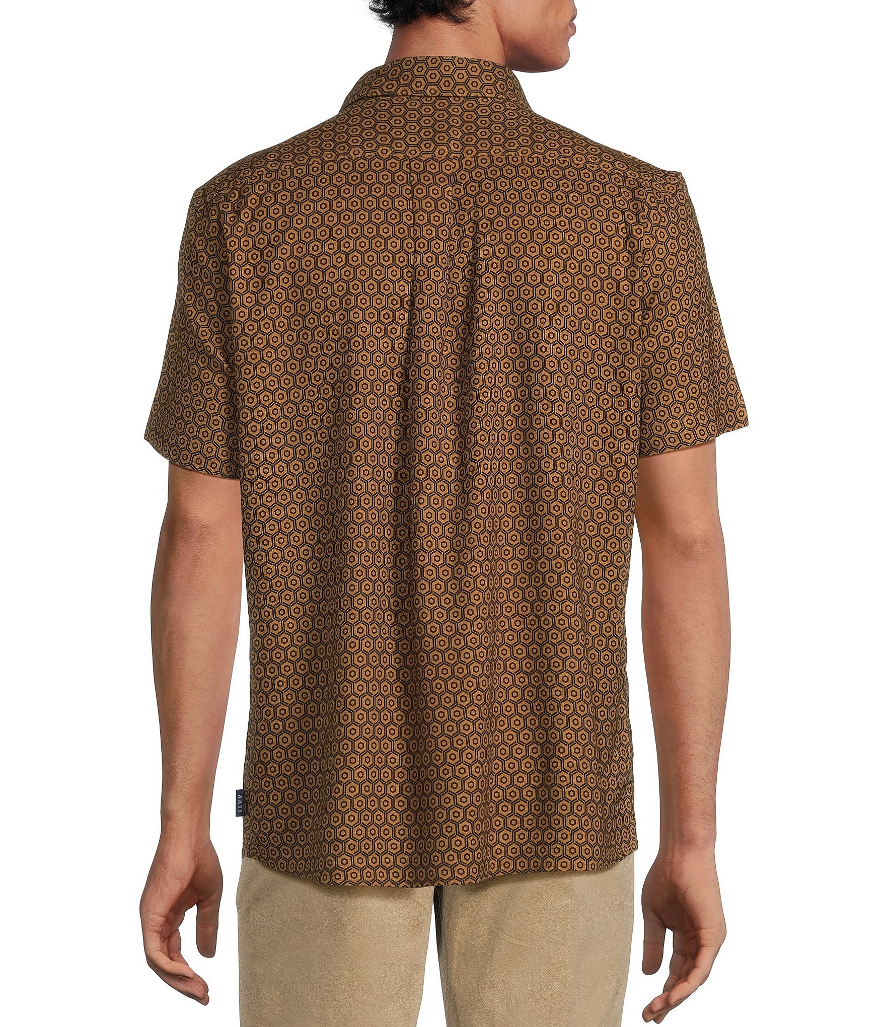 Rowm Crafted Short Sleeve Geometric Honey Print Button Front Shirt