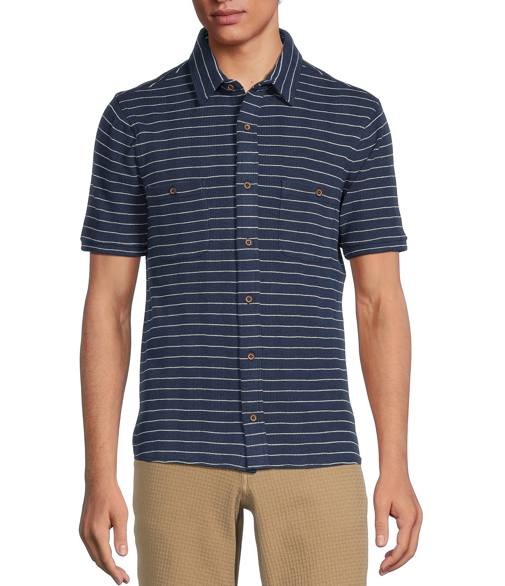 Rowm Crafted Short Sleeve Striped Waffle Button-Front Shirt | Dillard's