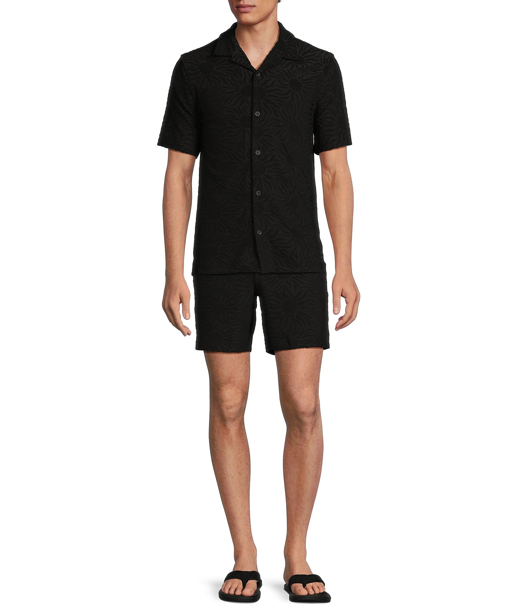 Rowm Flat Front Solid Textured Pattern 7#double; Inseam Shorts