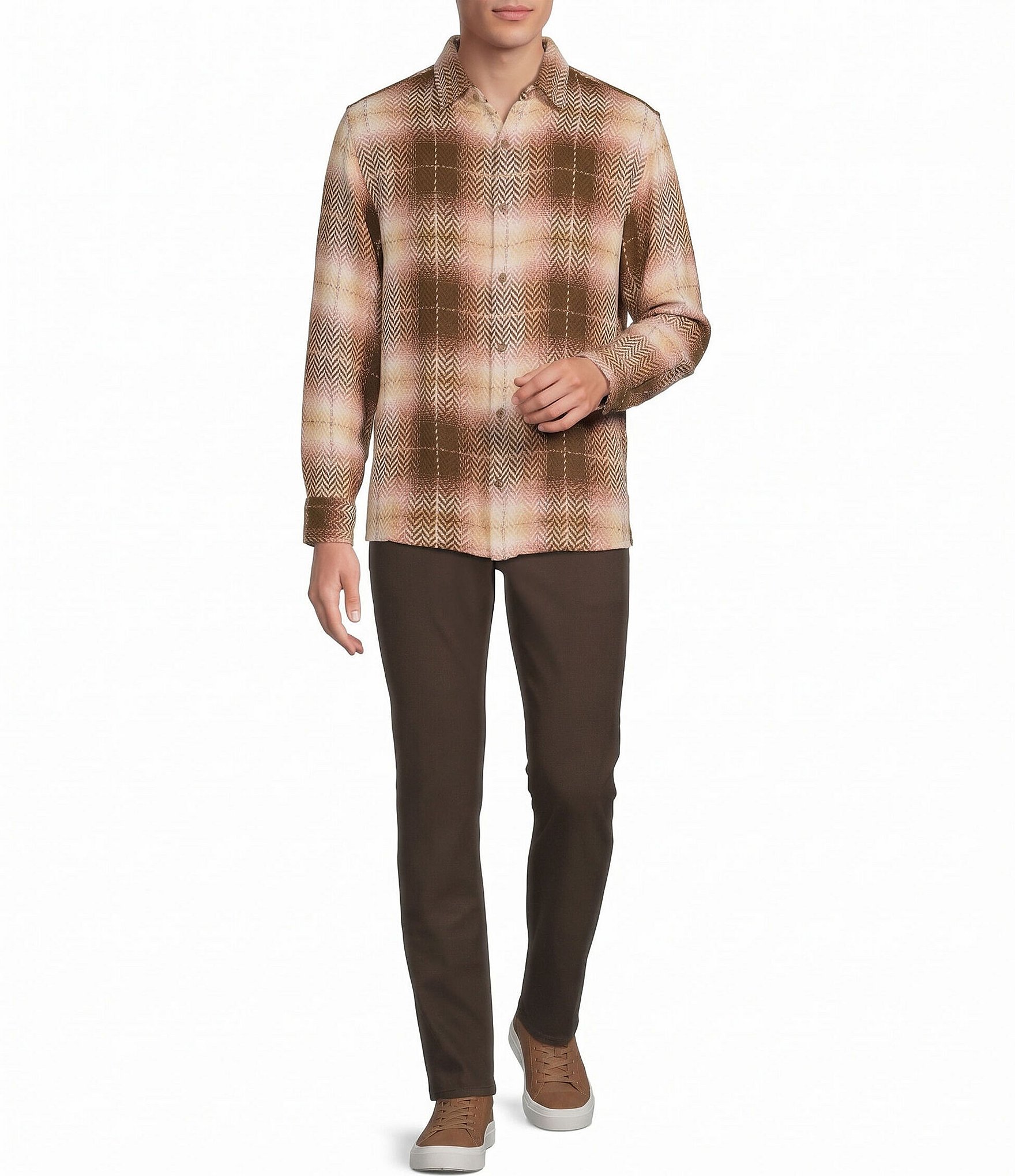 Rowm Long Sleeve Herringbone Large Plaid Shirt