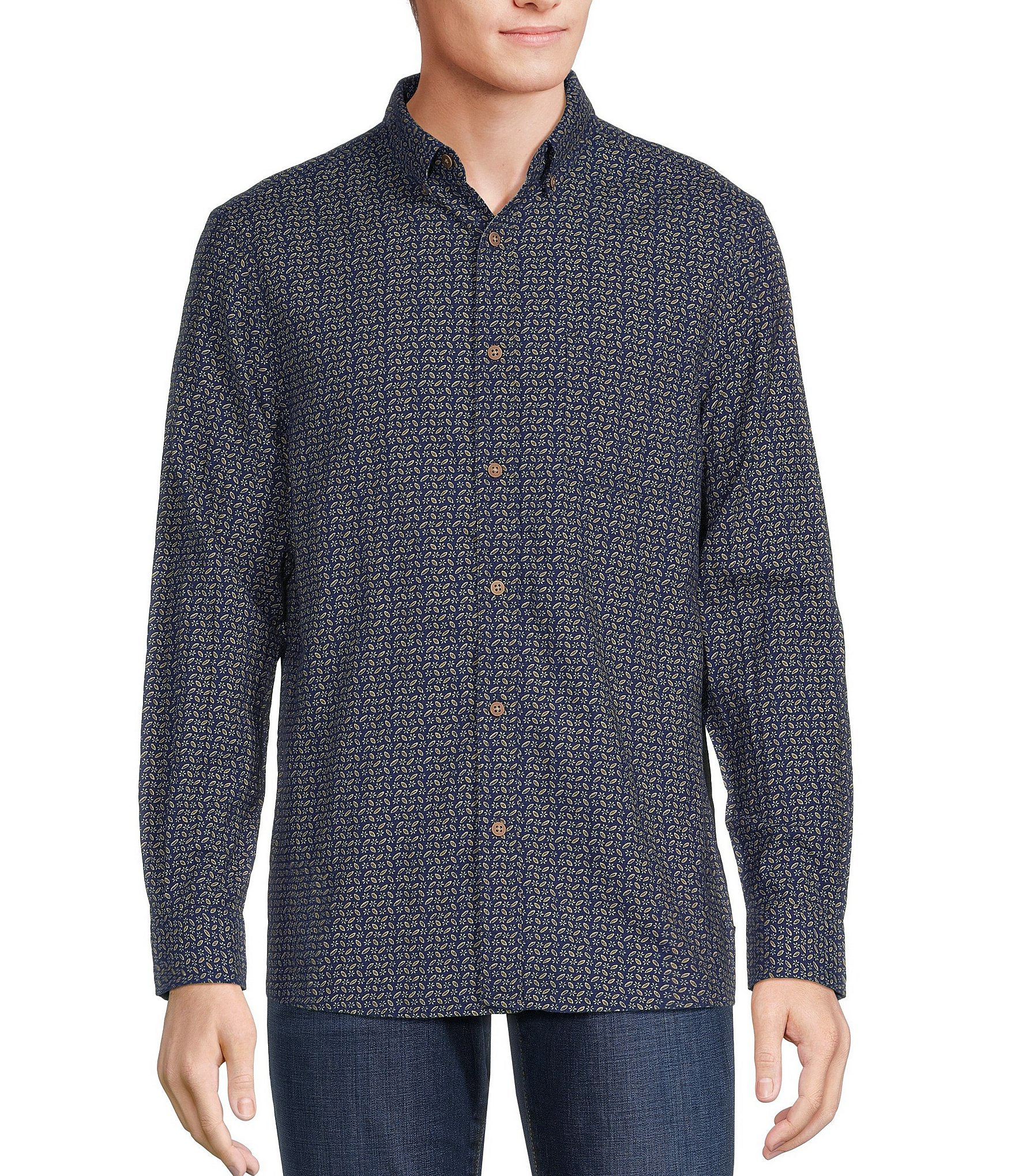 Rowm Long Sleeve Herringbone Mini Floral Print Woven Shirt