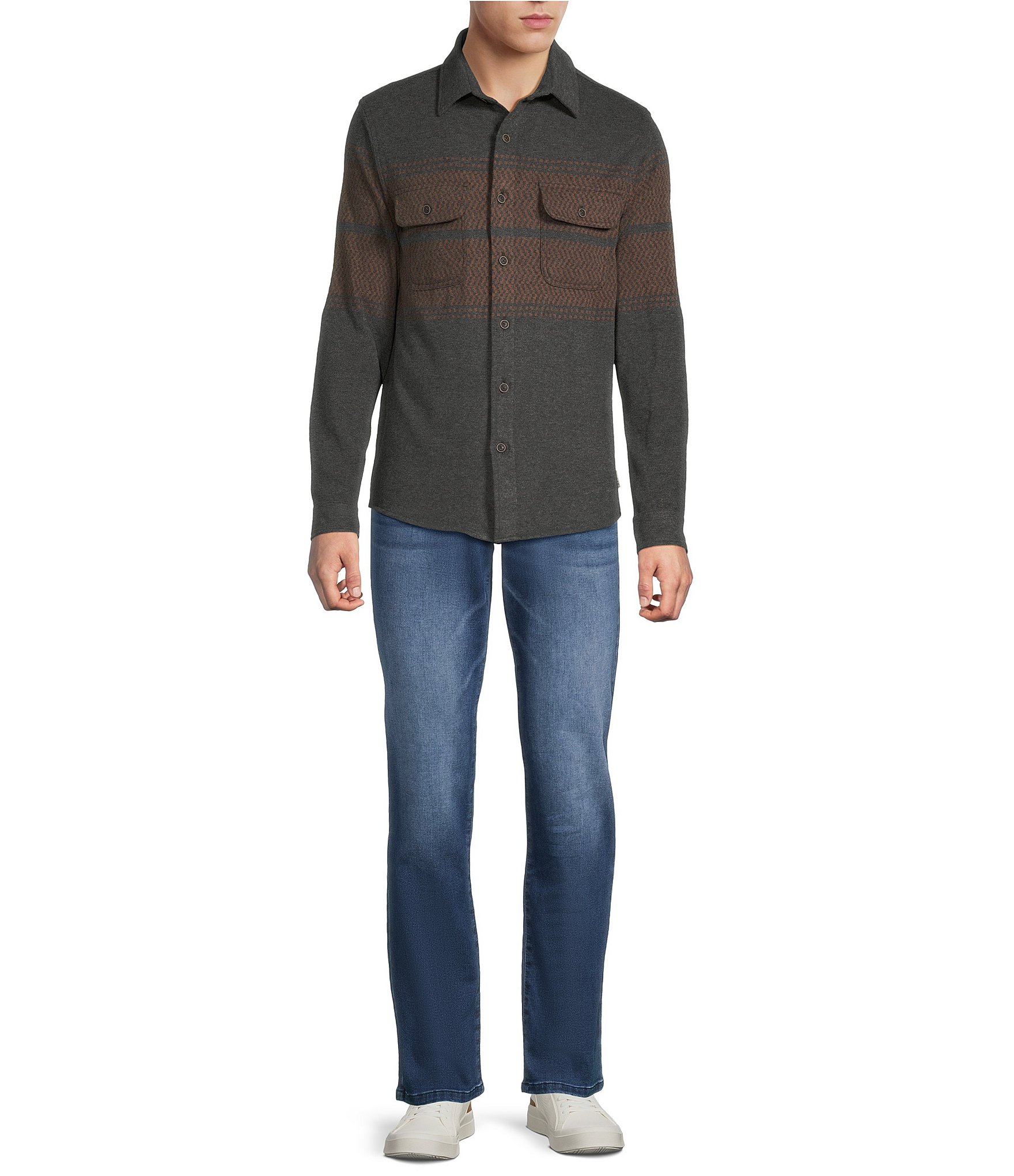 Rowm Long Sleeve Jacquard Chest Stripe Button Front Shirt