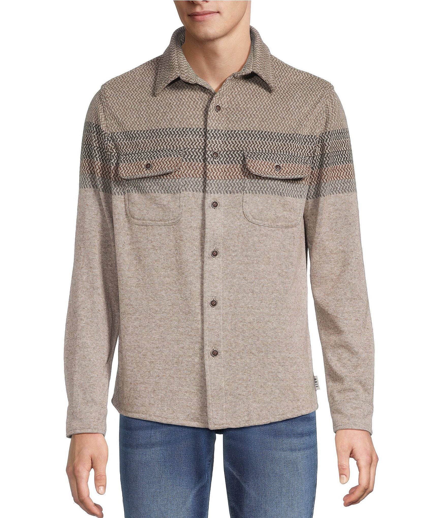 Rowm Long Sleeve Jacquard Engineered Stripe Button Front Shirt