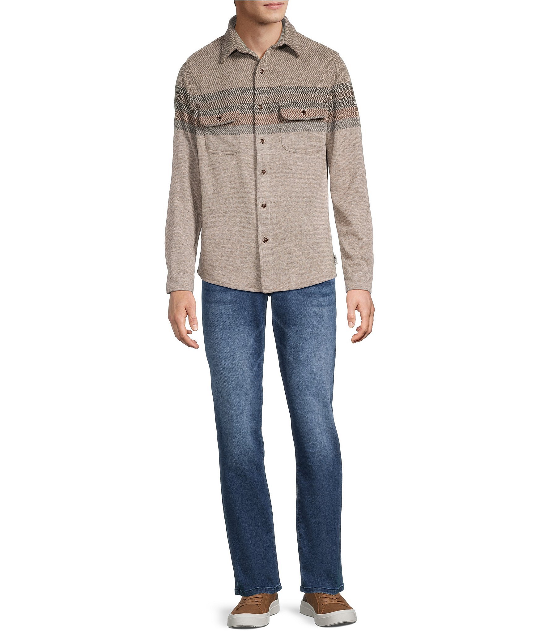 Rowm Long Sleeve Jacquard Engineered Stripe Button Front Shirt