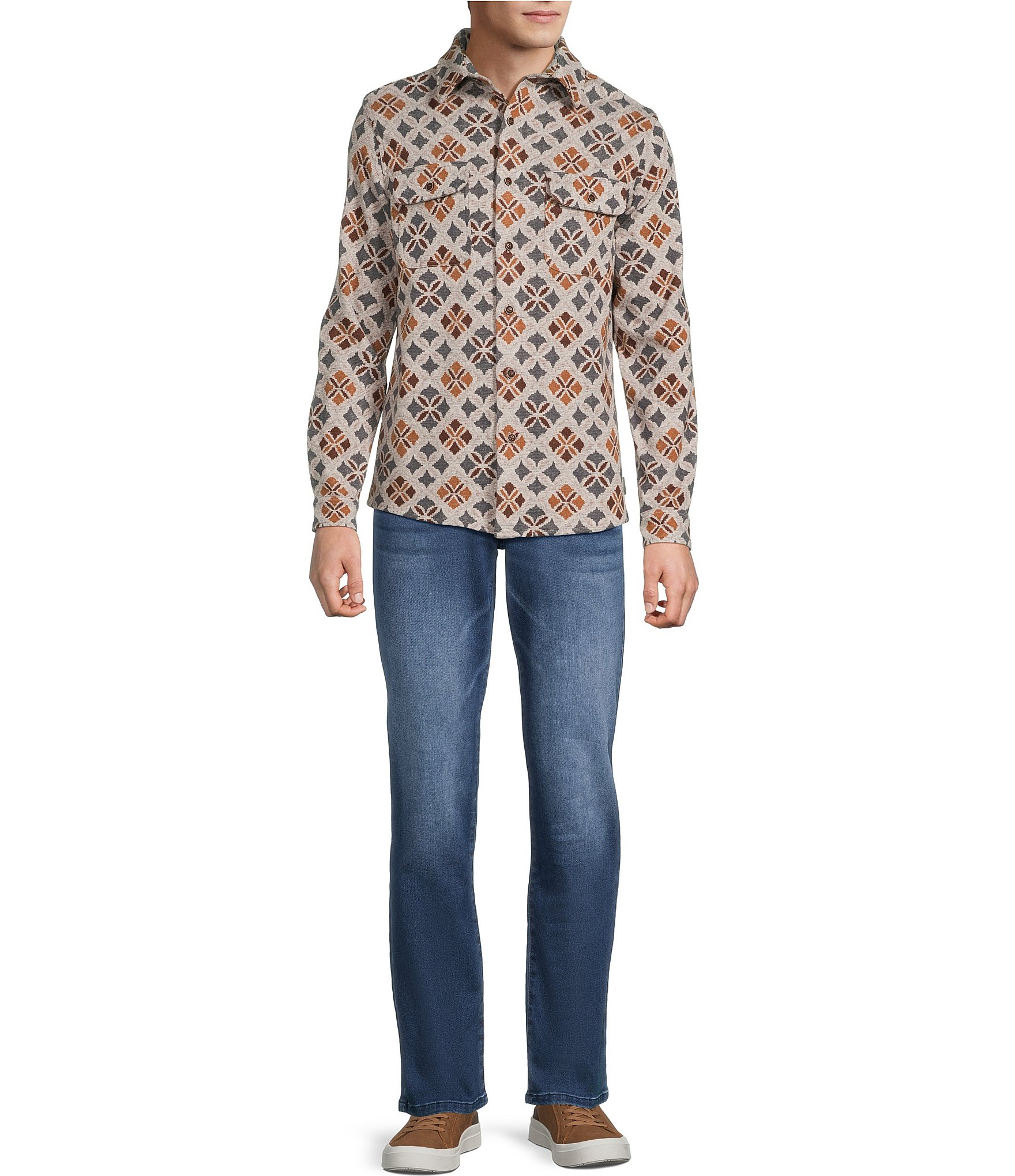 Rowm Long Sleeve Jacquard Multi Geo Print Button Front Shirt