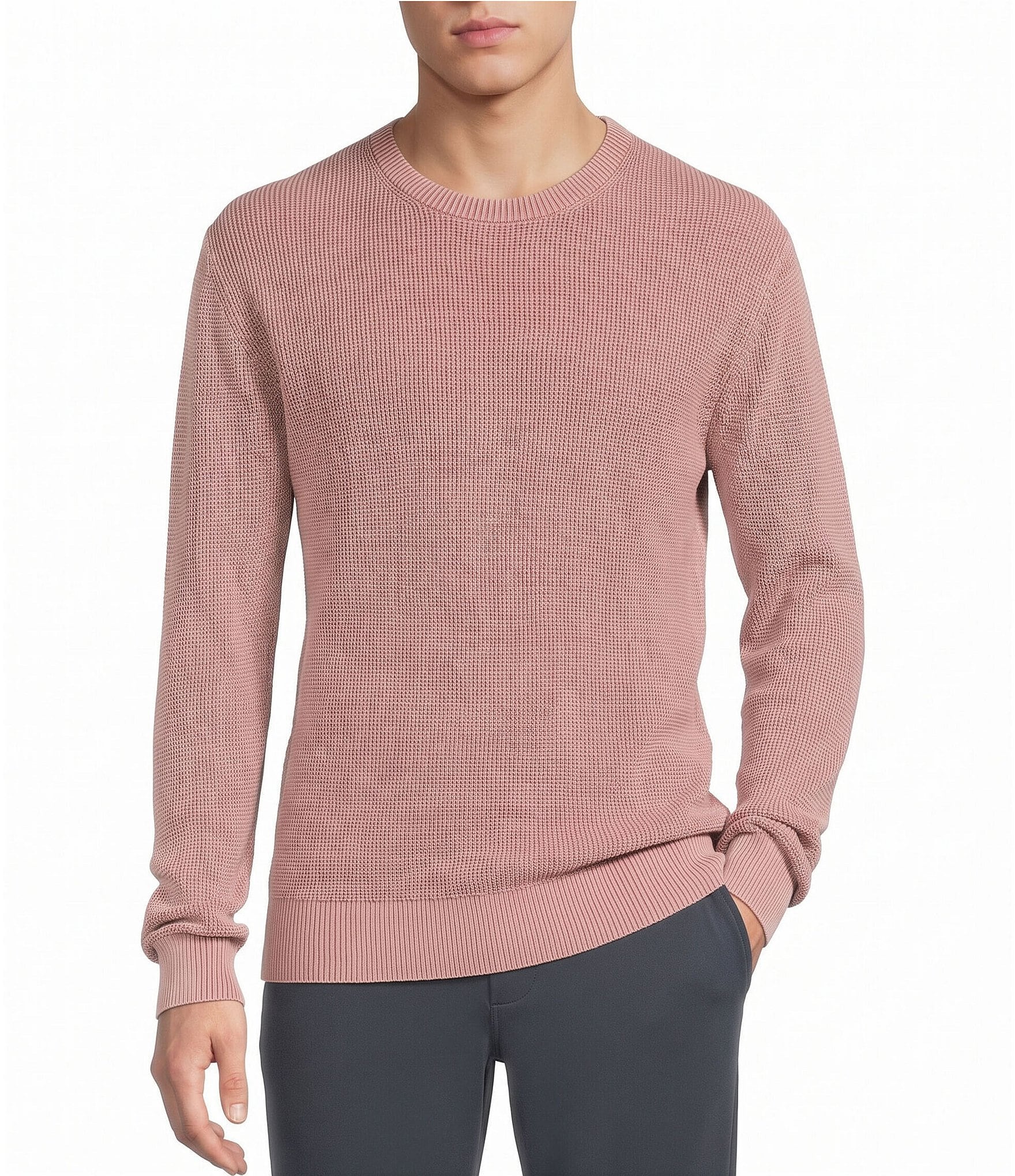 Rowm Long Sleeve solid Garment Dyed Waffle Crew Neck Sweater